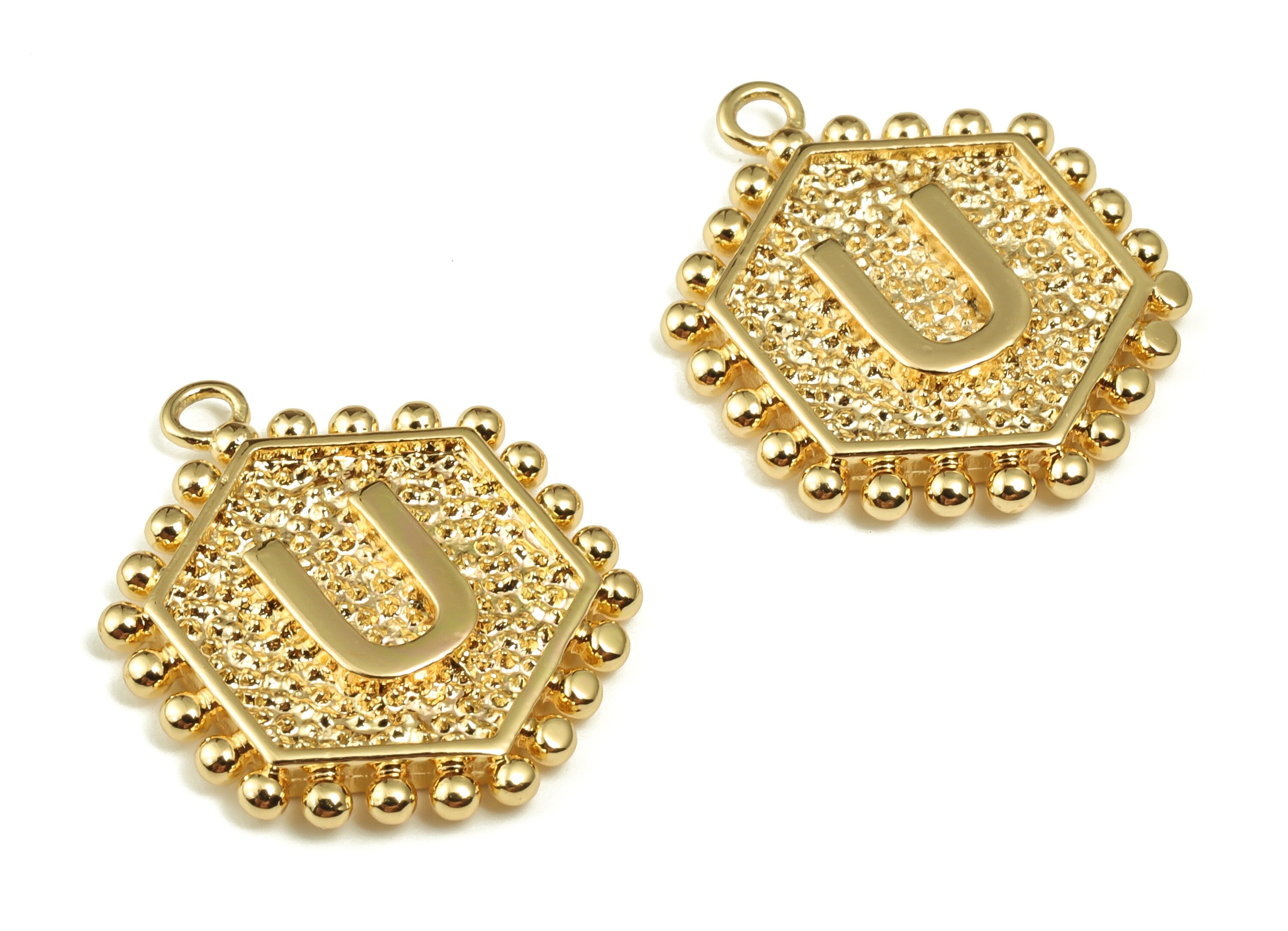 Brass Hexagon Letter U Charms - Alphabet Pendant Charm - 18K Shiny Gold Plated Initial Charm - Jewelry Supplies -19.49x16.1x2.4mm- RGP3775U - DOMEDBAZAAR