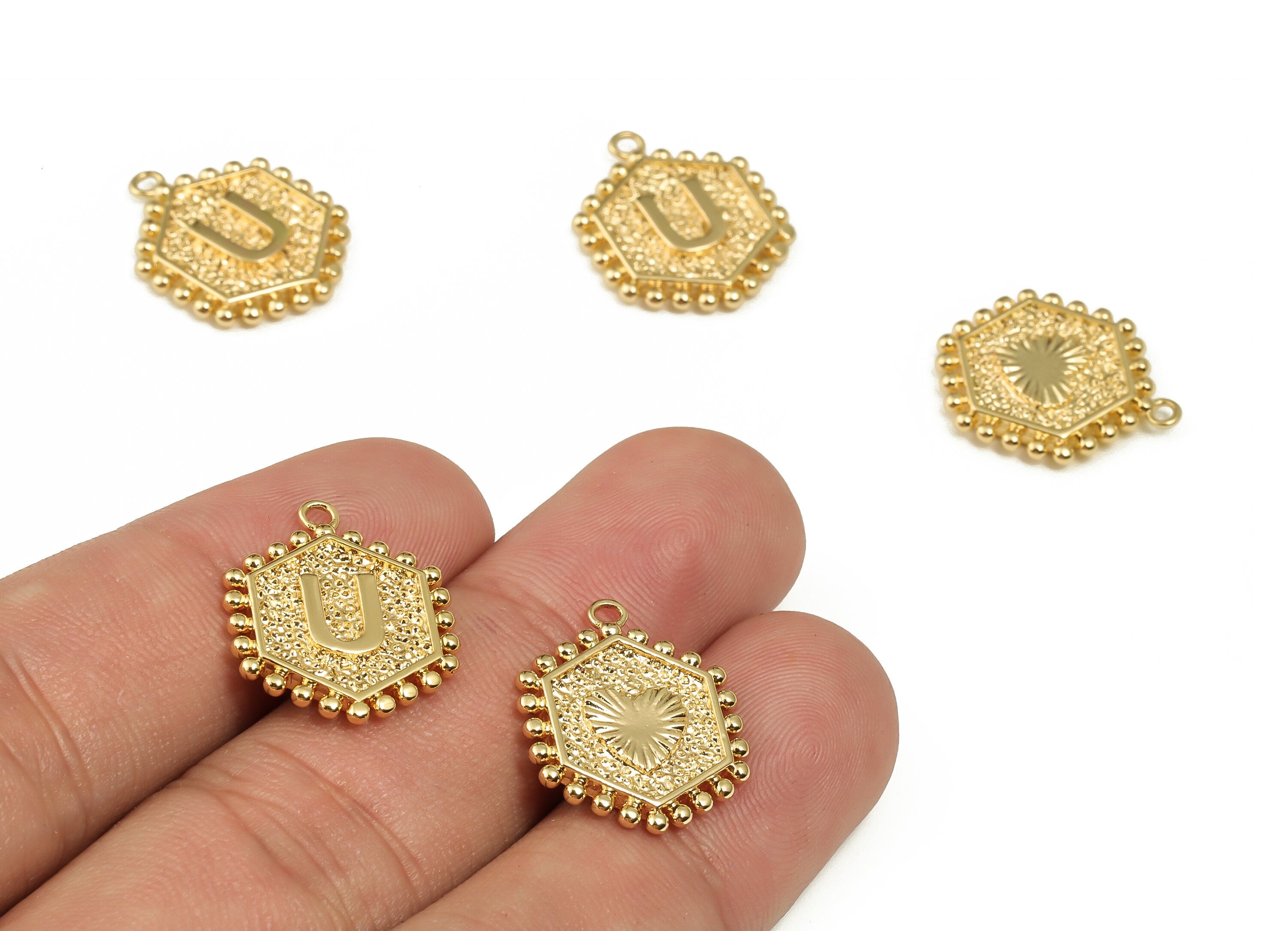 Brass Hexagon Letter U Charms - Alphabet Pendant Charm - 18K Shiny Gold Plated Initial Charm - Jewelry Supplies -19.49x16.1x2.4mm- RGP3775U - DOMEDBAZAAR
