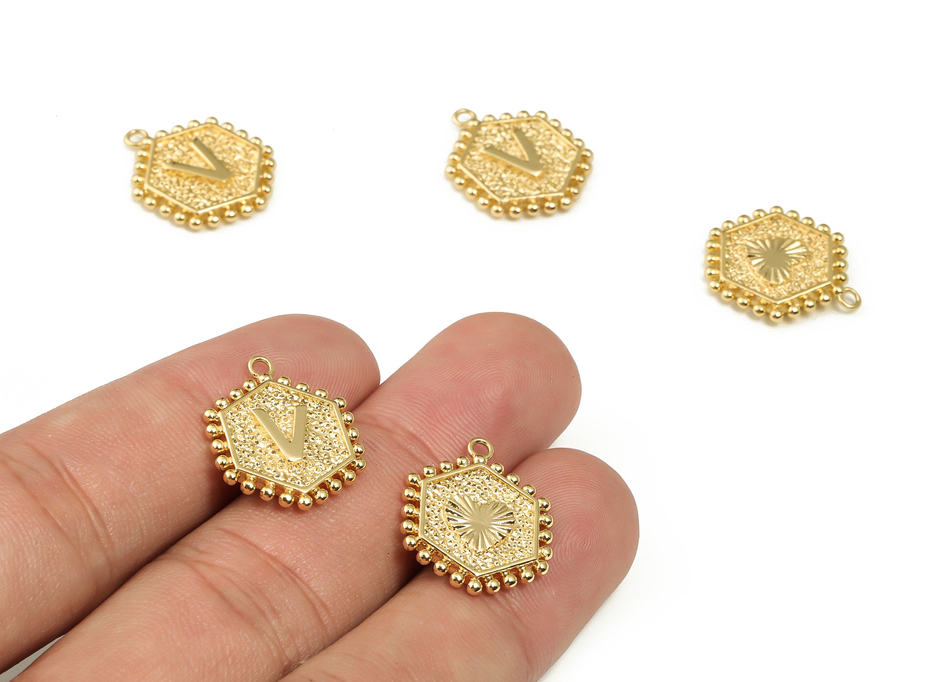 Brass Hexagon Letter V Charms - Alphabet Pendant Charm - 18K Shiny Gold Plated Initial Charm - Jewelry Supplies -19.49x16.1x2.4mm- RGP3775V - DOMEDBAZAAR