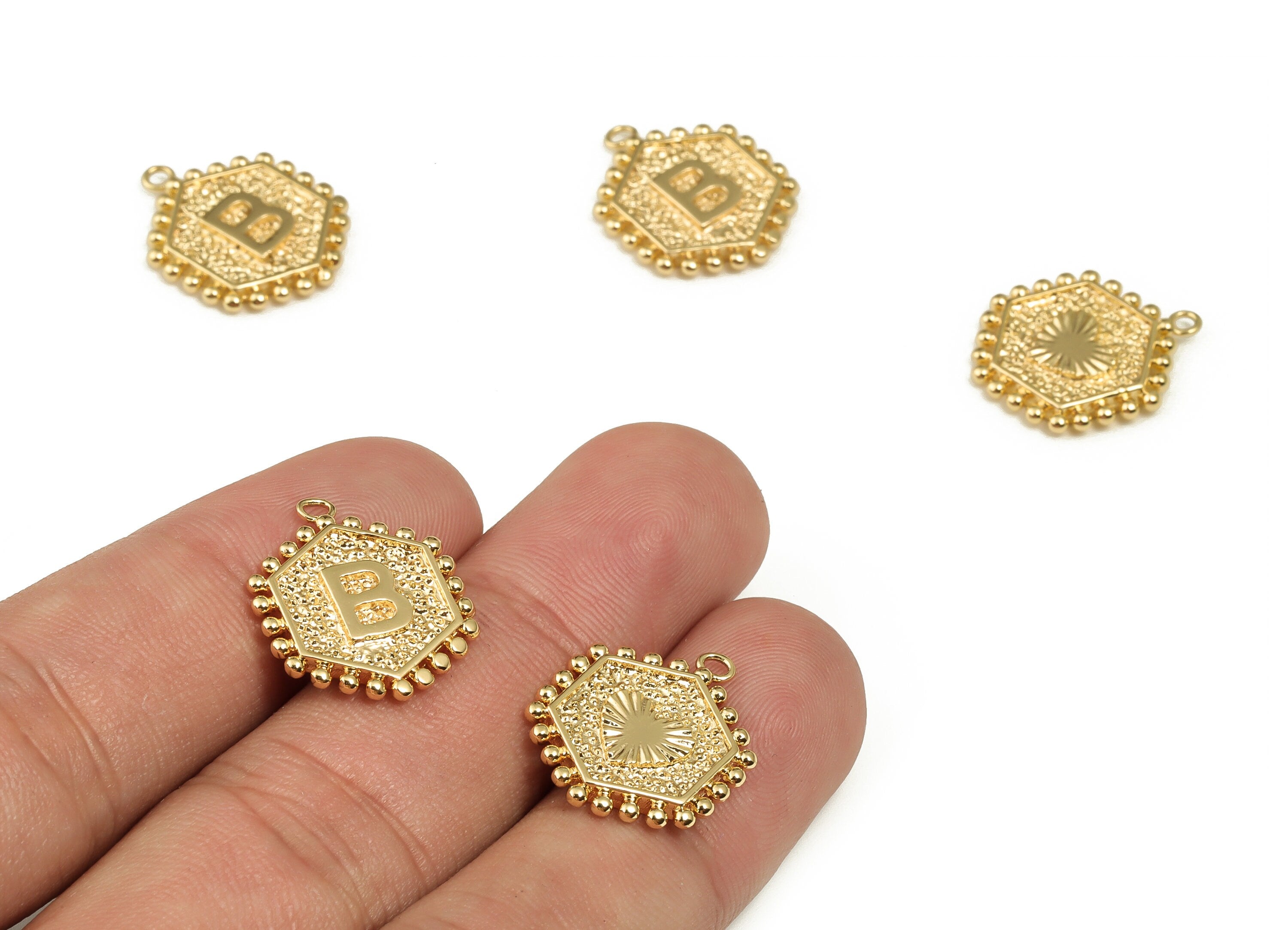 Brass Hexagon Letter B Charms - Alphabet Pendant Charm -18K Shiny Gold Plated Initial Charm - Jewelry Supplies -19.54x15.8x2.2mm- RGP3775B - DOMEDBAZAAR