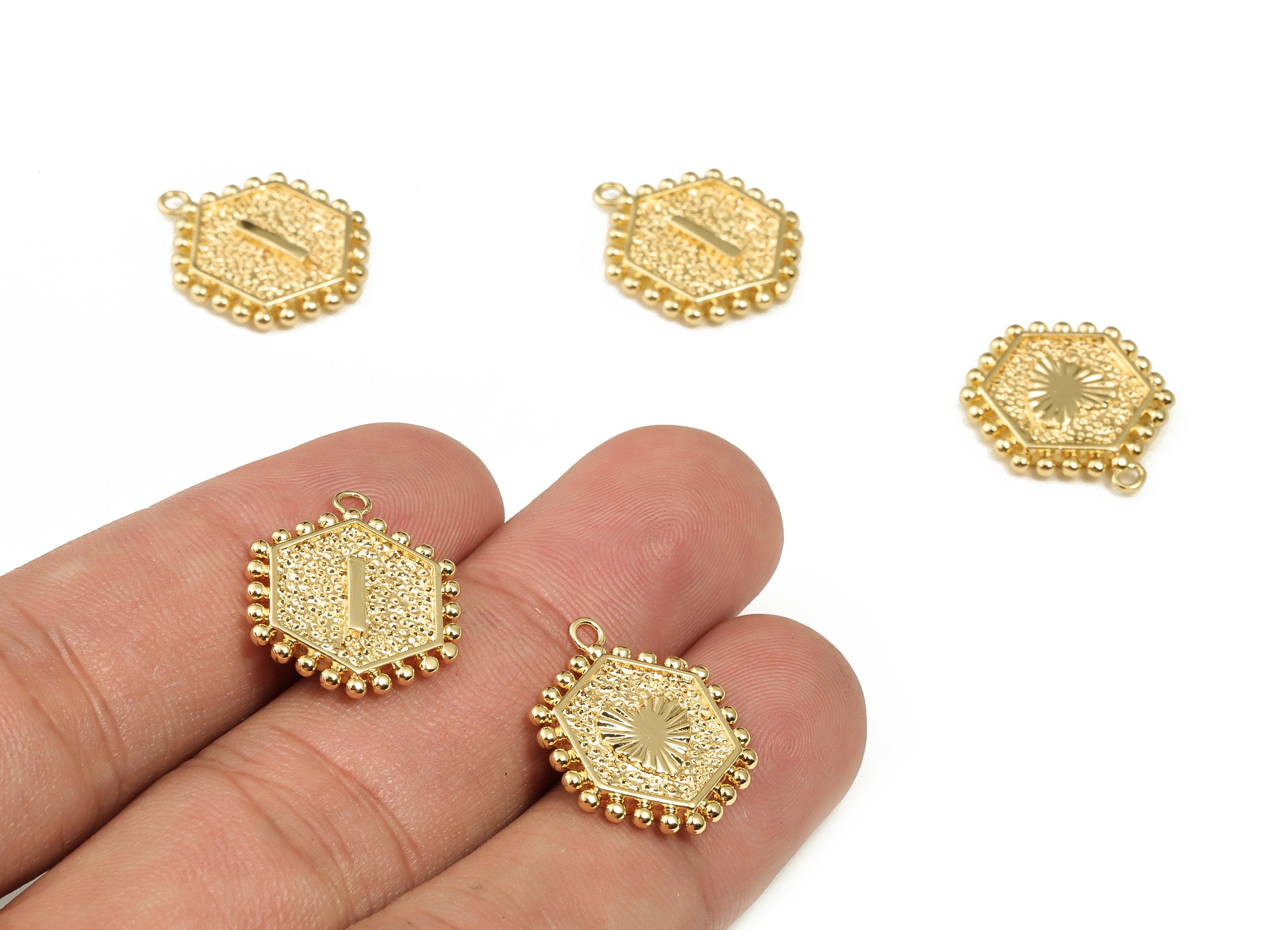 Brass Hexagon Letter I Charms - Alphabet Pendant Charm - 18K Shiny Gold Plated Initial Charm - Jewelry Supplies -19.59x15.9x2.6mm- RGP3775I - DOMEDBAZAAR