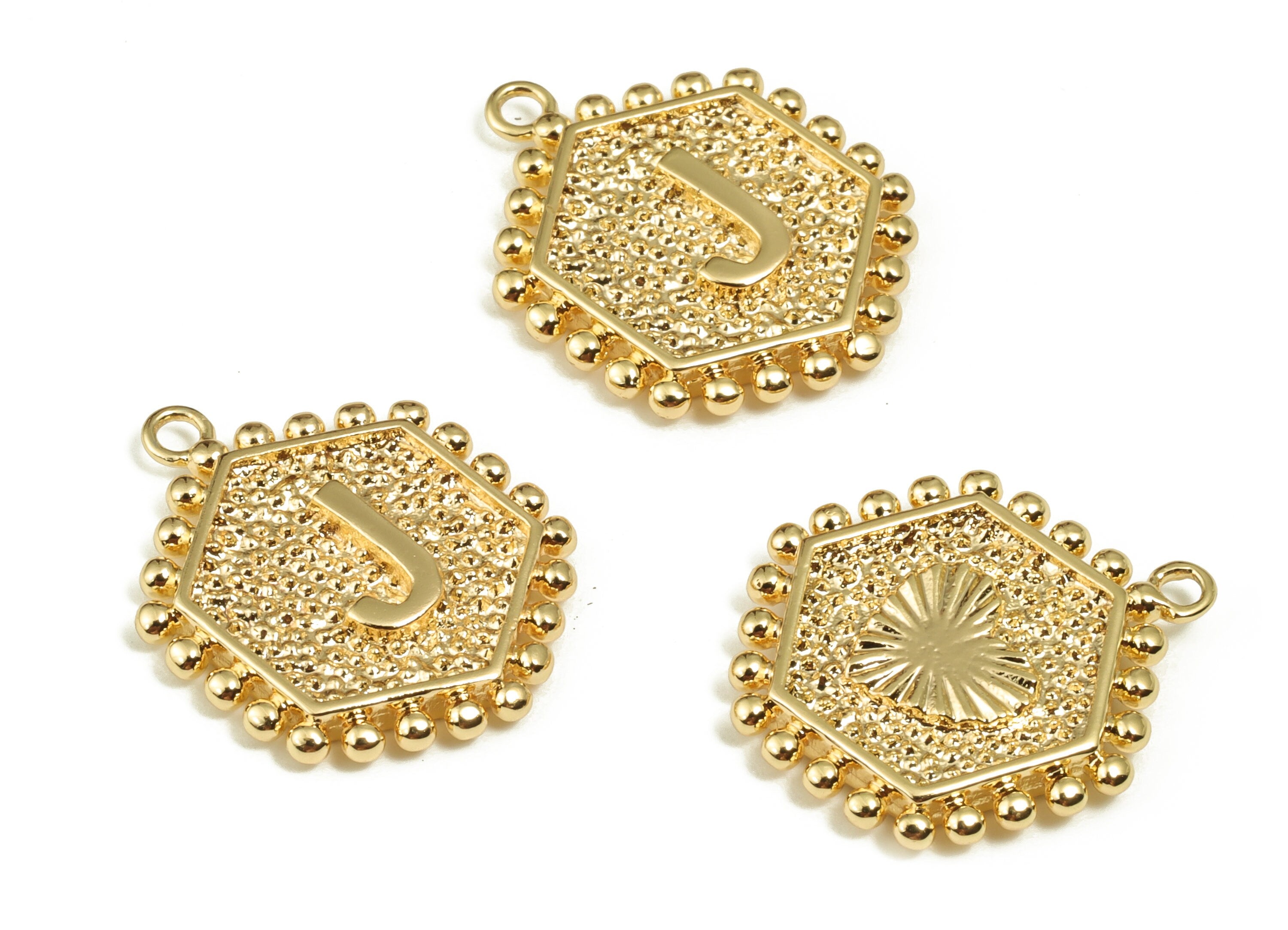 Brass Hexagon Letter J Charms - Alphabet Pendant Charm - 18K Shiny Gold Plated Initial Charm - Jewelry Supplies -19.45x15.8x2.5mm- RGP3775J - DOMEDBAZAAR