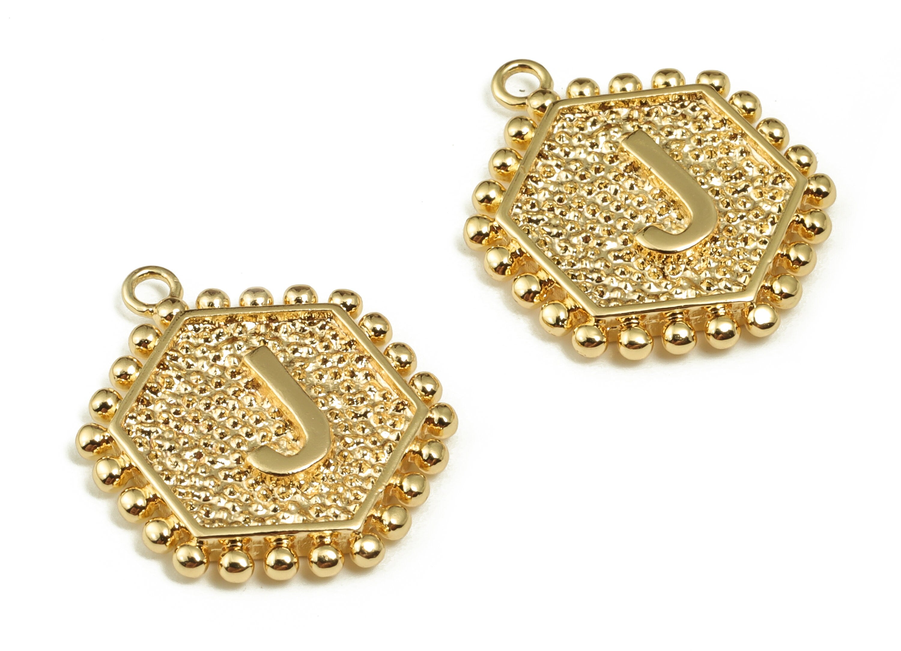 Brass Hexagon Letter J Charms - Alphabet Pendant Charm - 18K Shiny Gold Plated Initial Charm - Jewelry Supplies -19.45x15.8x2.5mm- RGP3775J - DOMEDBAZAAR