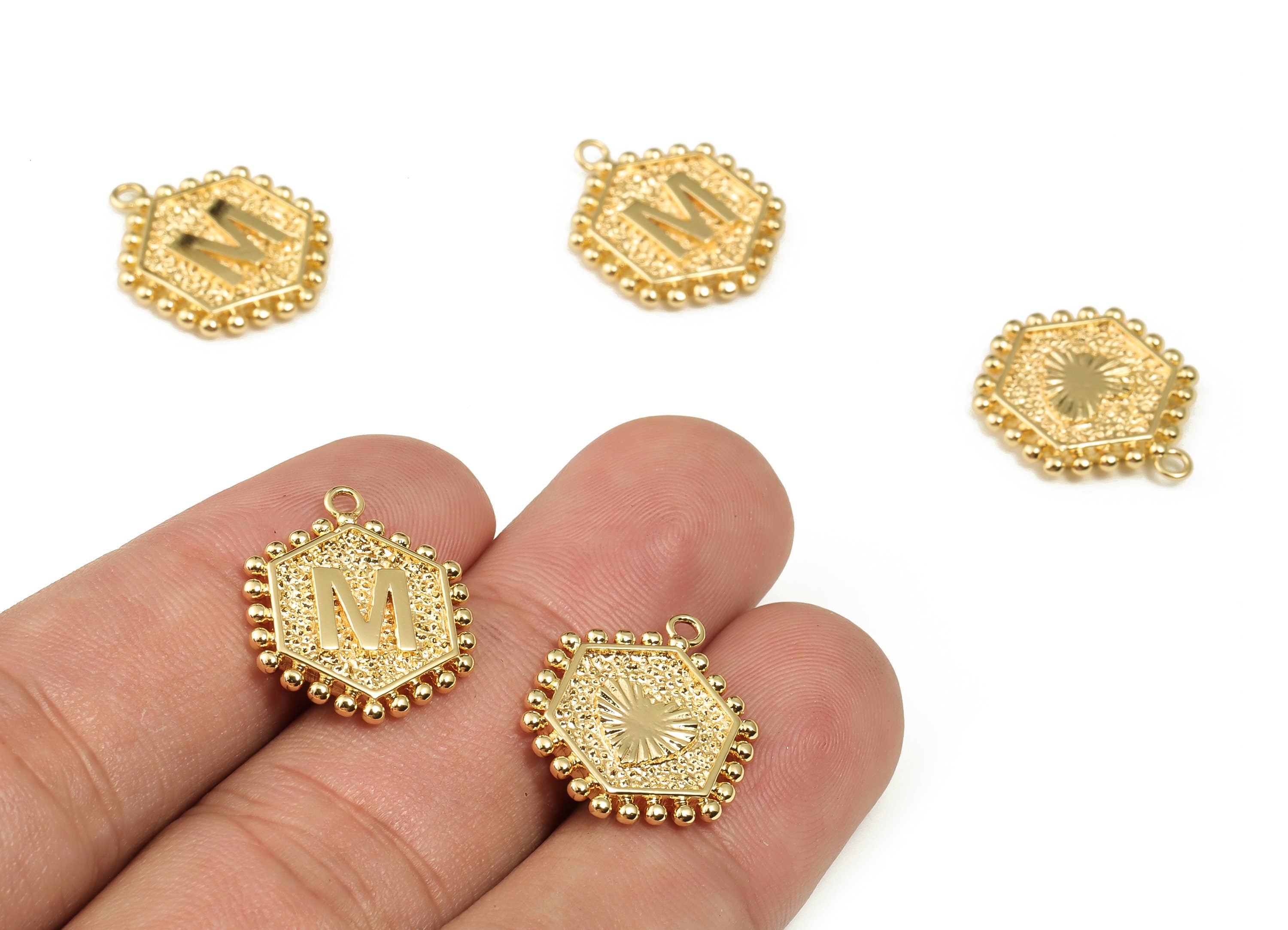 Brass Hexagon Letter M Charms - Alphabet Pendant Charm - 18K Shiny Gold Plated Initial Charm - Jewelry Supplies -19.42x15.8x2.4mm- RGP3775M - DOMEDBAZAAR