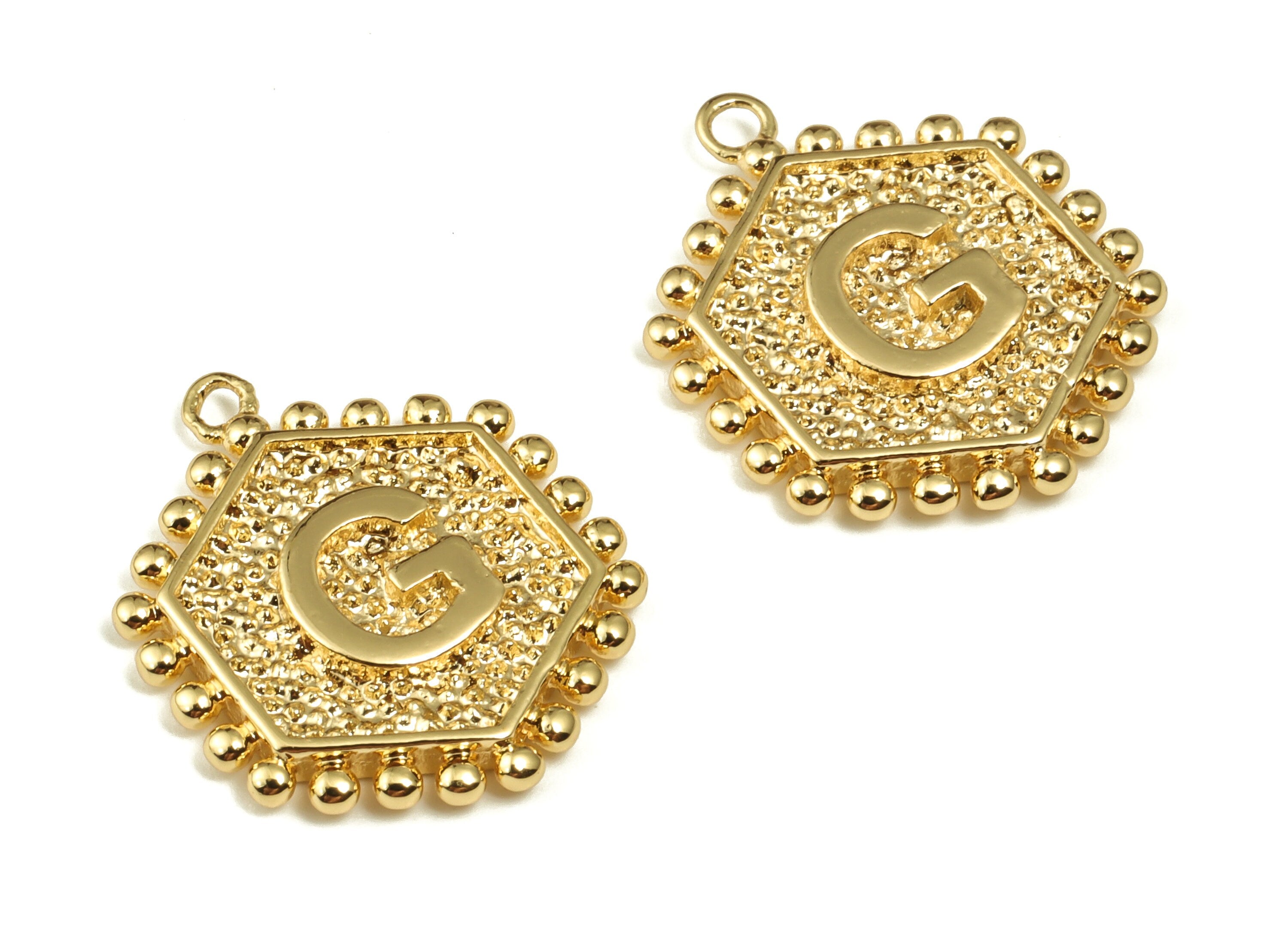 Brass Hexagon Letter G Charms - Alphabet Pendant Charm - 18K Shiny Gold Plated Initial Charm - Jewelry Supplies -19.24x15.9x2.5mm- RGP3775G - DOMEDBAZAAR