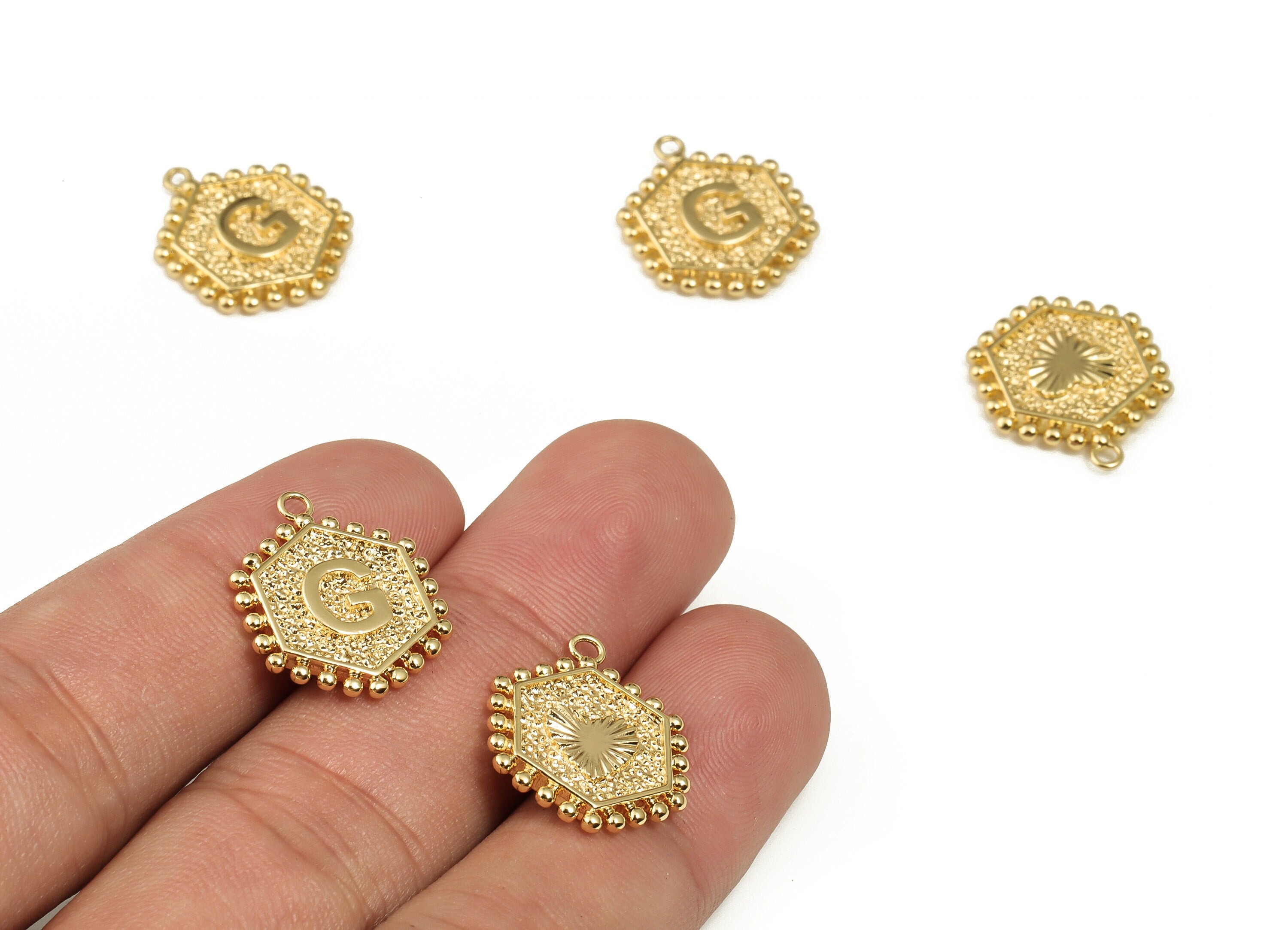 Brass Hexagon Letter G Charms - Alphabet Pendant Charm - 18K Shiny Gold Plated Initial Charm - Jewelry Supplies -19.24x15.9x2.5mm- RGP3775G - DOMEDBAZAAR