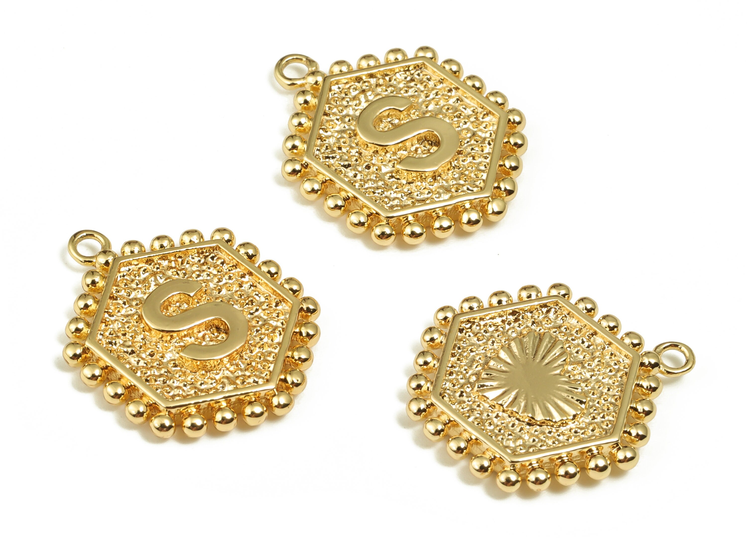 Brass Hexagon Letter S Charms - Alphabet Pendant Charm - 18K Shiny Gold Plated Initial Charm- Jewelry Supplies -19.49x16.1x2.4mm- RGP3775S - DOMEDBAZAAR