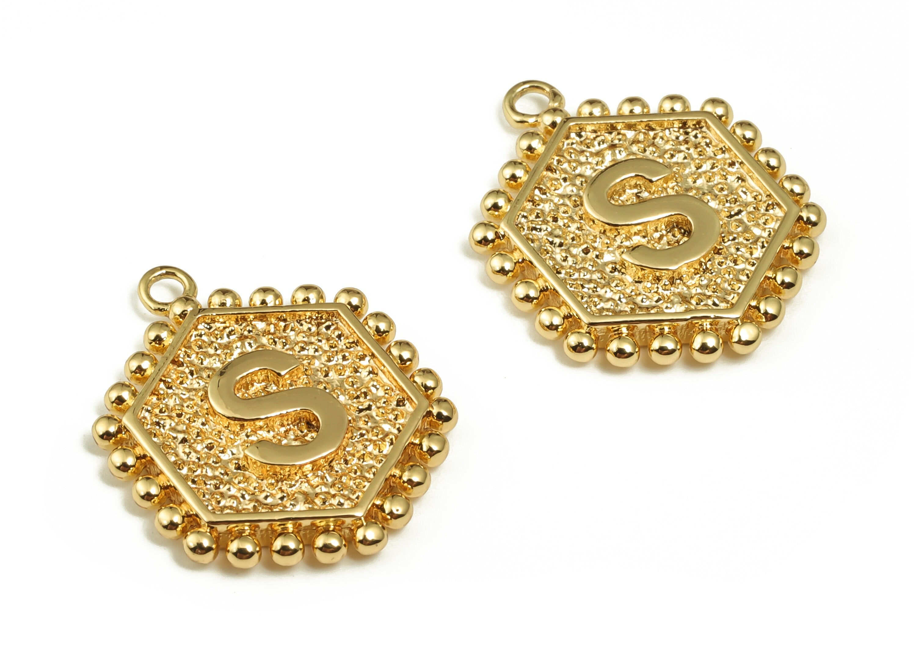 Brass Hexagon Letter S Charms - Alphabet Pendant Charm - 18K Shiny Gold Plated Initial Charm- Jewelry Supplies -19.49x16.1x2.4mm- RGP3775S - DOMEDBAZAAR