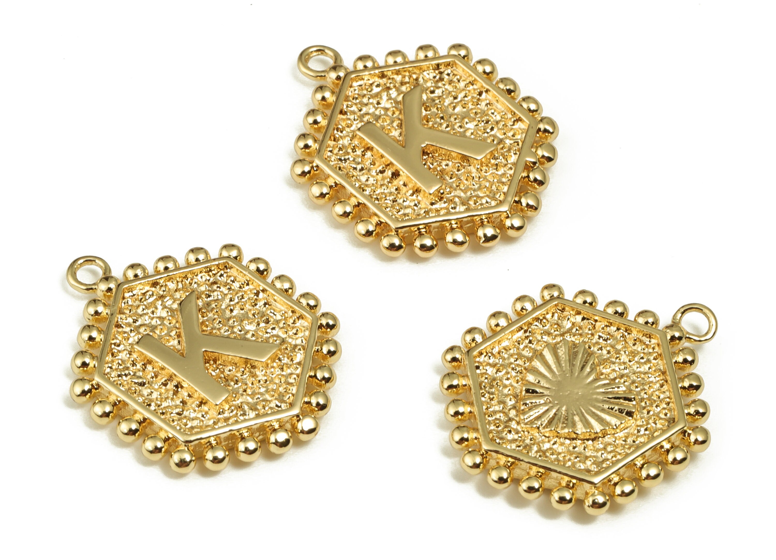 Brass Hexagon Letter K Charms - Alphabet Pendant Charm - 18K Shiny Gold Plated Initial Charm - Jewelry Supplies -19.49x15.8x2.6mm- RGP3775K - DOMEDBAZAAR