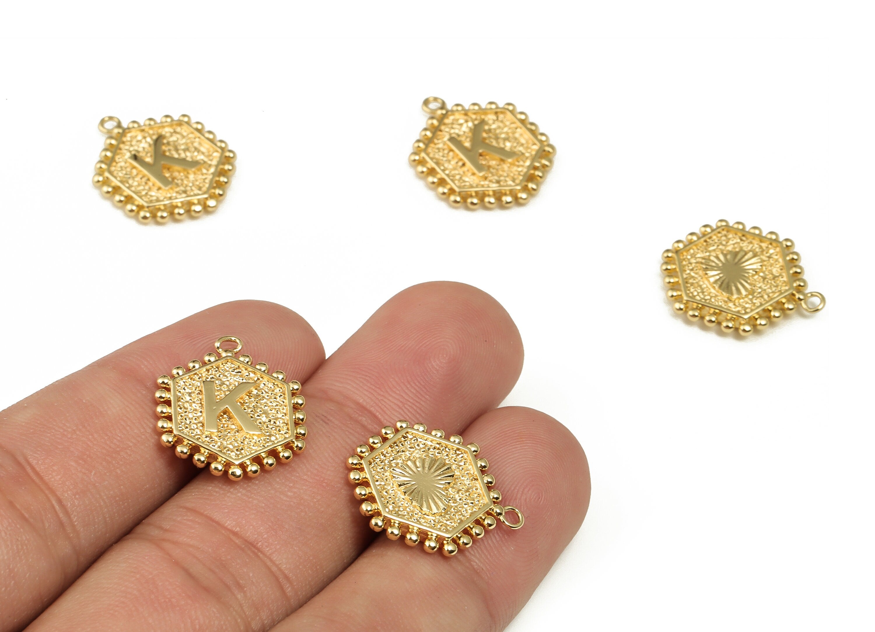 Brass Hexagon Letter K Charms - Alphabet Pendant Charm - 18K Shiny Gold Plated Initial Charm - Jewelry Supplies -19.49x15.8x2.6mm- RGP3775K - DOMEDBAZAAR