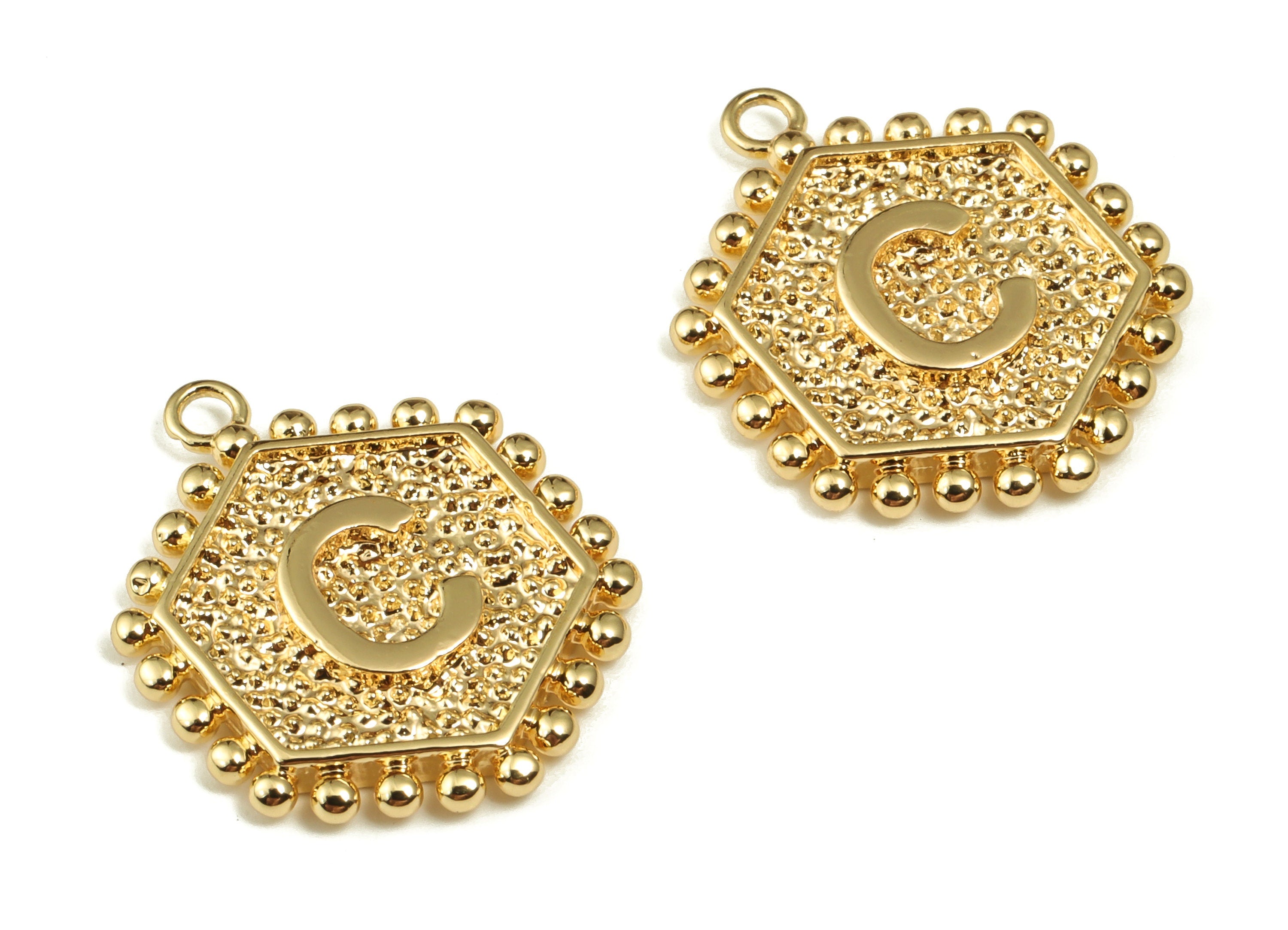 Brass Hexagon Letter C Charms - Alphabet Pendant Charm - 18K Shiny Gold Plated Initial Charm - Jewelry Supplies -19.42x15.9x2.4mm- RGP3775C - DOMEDBAZAAR
