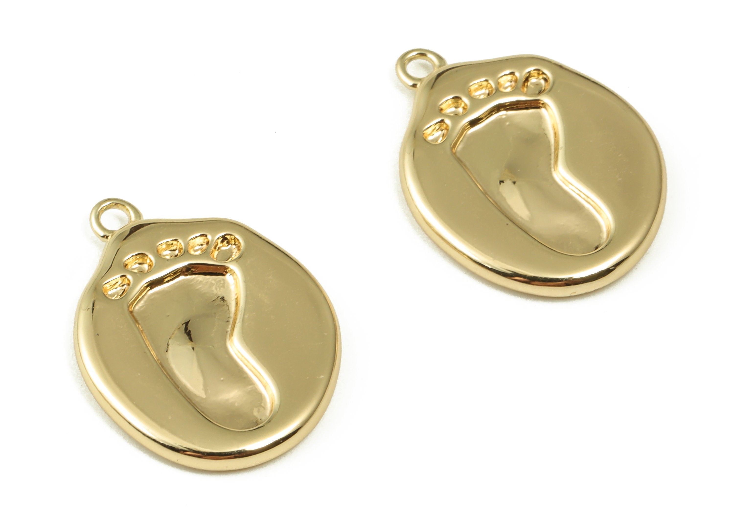 Brass Round Earring Charms - Gold Footprint Pendant - 18K Real Gold Plated Brass - Jewelry Making Supplies - 18.39x13.96x1.87mm - RGP3978 - DOMEDBAZAAR
