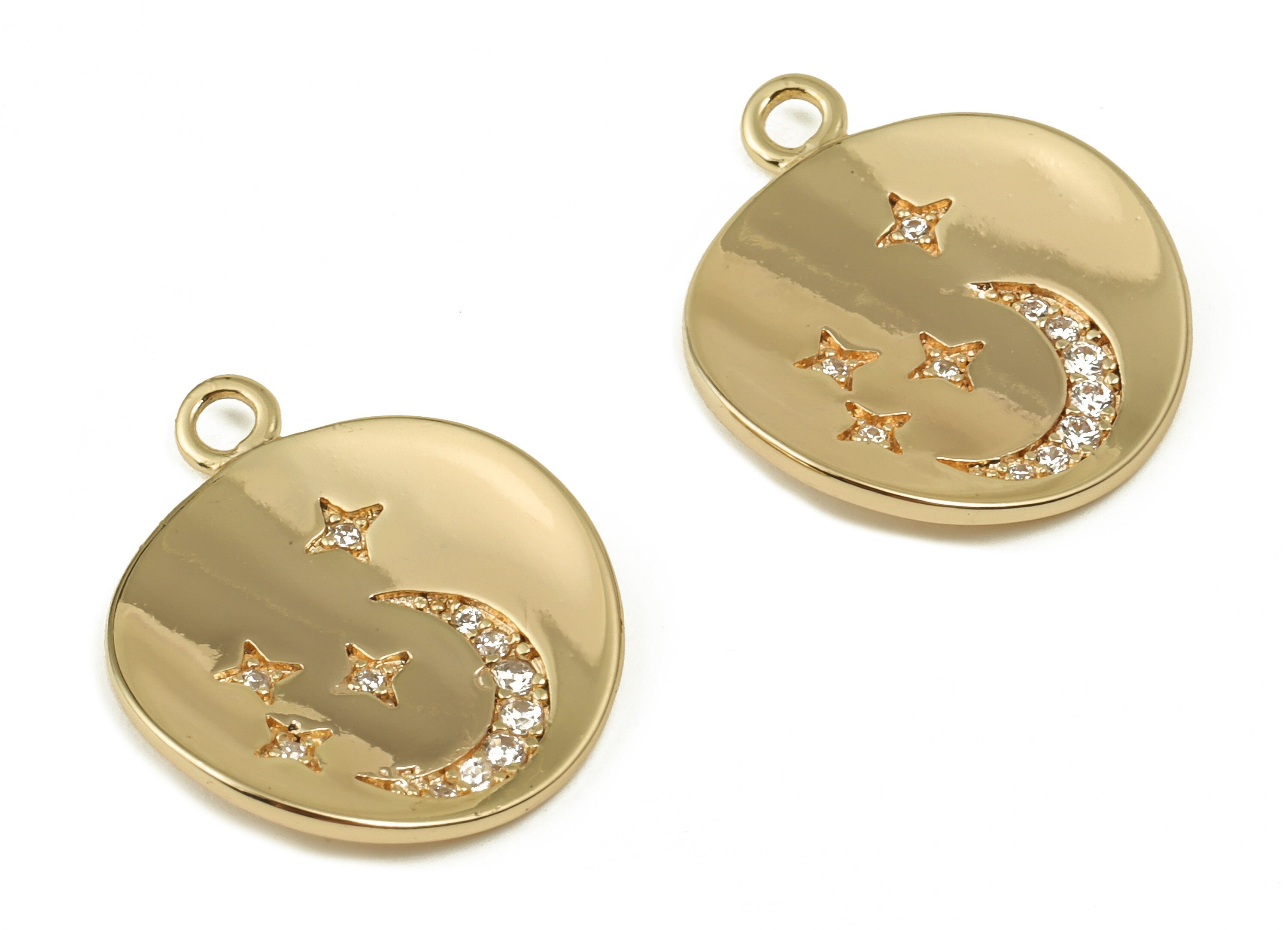 Brass Round Earring Charms With Zircons - Gold Star Moon Pendant - 18K Real Gold Plated Brass -  Jewelry Supplies - 20.79x17x1.3mm - RGP4005 - DOMEDBAZAAR