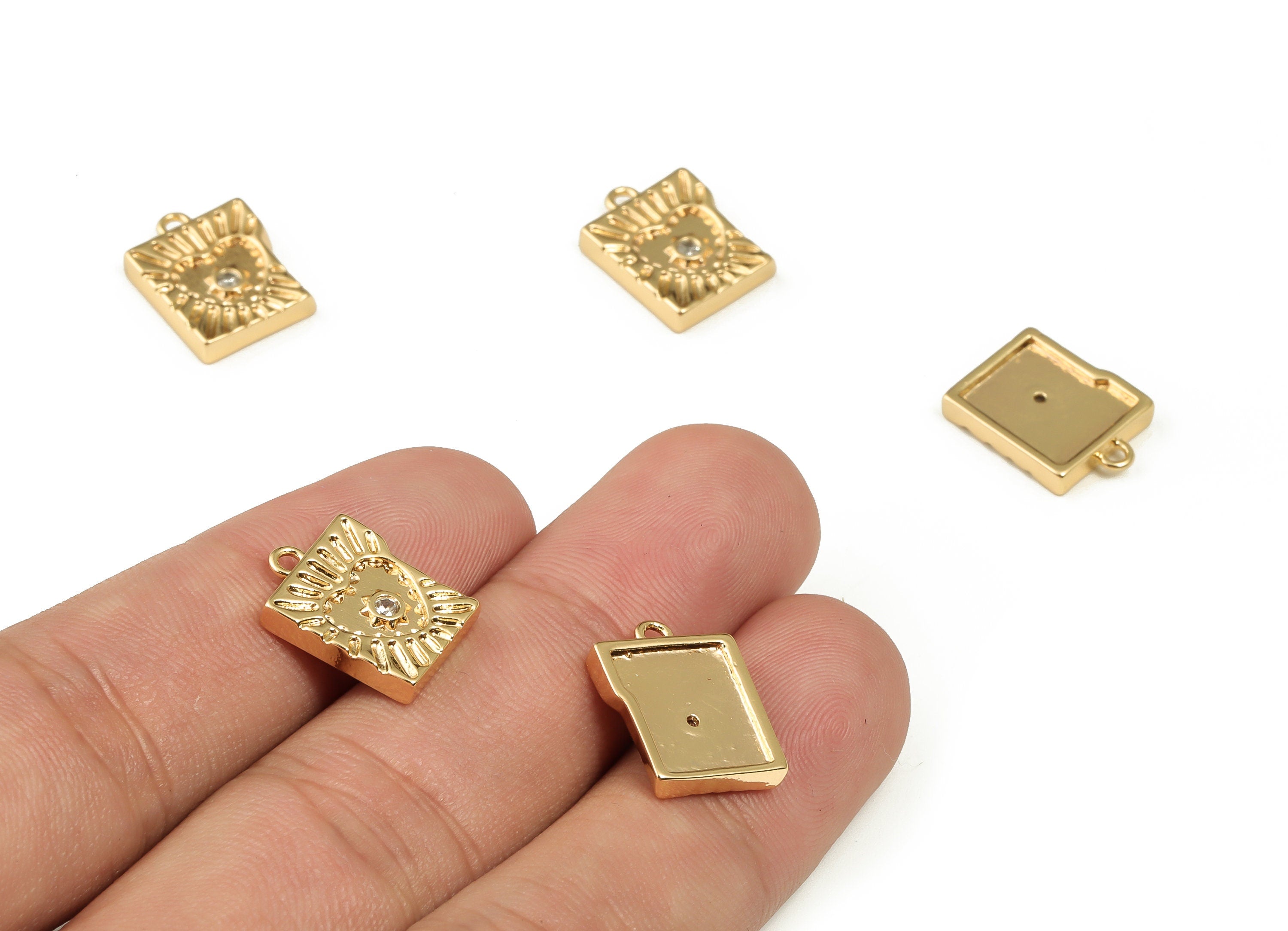 Brass Square Earring Charms With Zircons - Gold Heart Pendant - 18K Real Gold Plated Brass - Jewelry Supplies - 15.23x11.64x2.51mm - RGP3972 - DOMEDBAZAAR