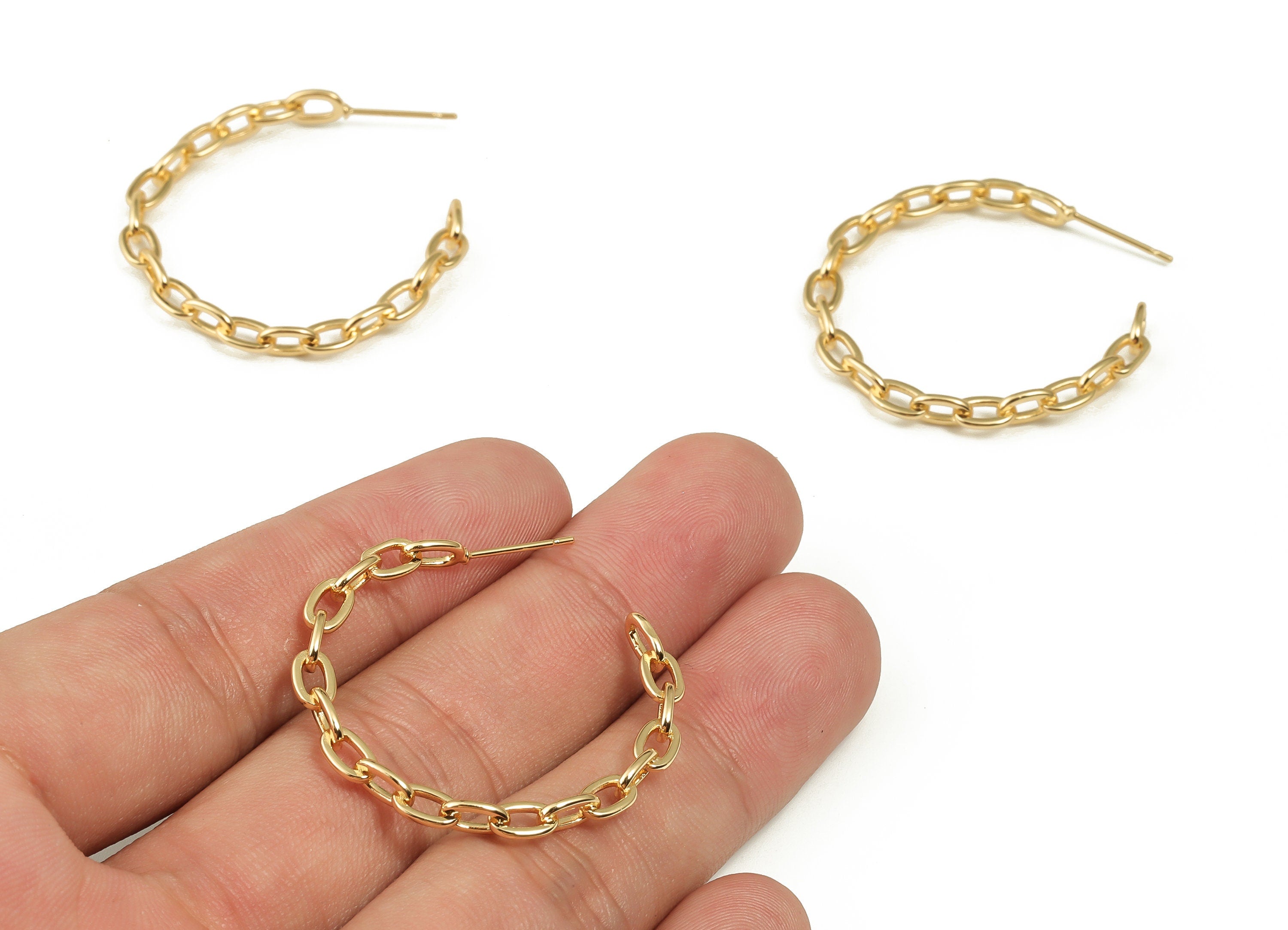 Brass Cable Chain C Earring Stud - Gold C Earring Post  - Stainless Steel Stud - 18K Real Gold Plated Brass - 31.9x31.9x2.62mm - RGP3974 - DOMEDBAZAAR