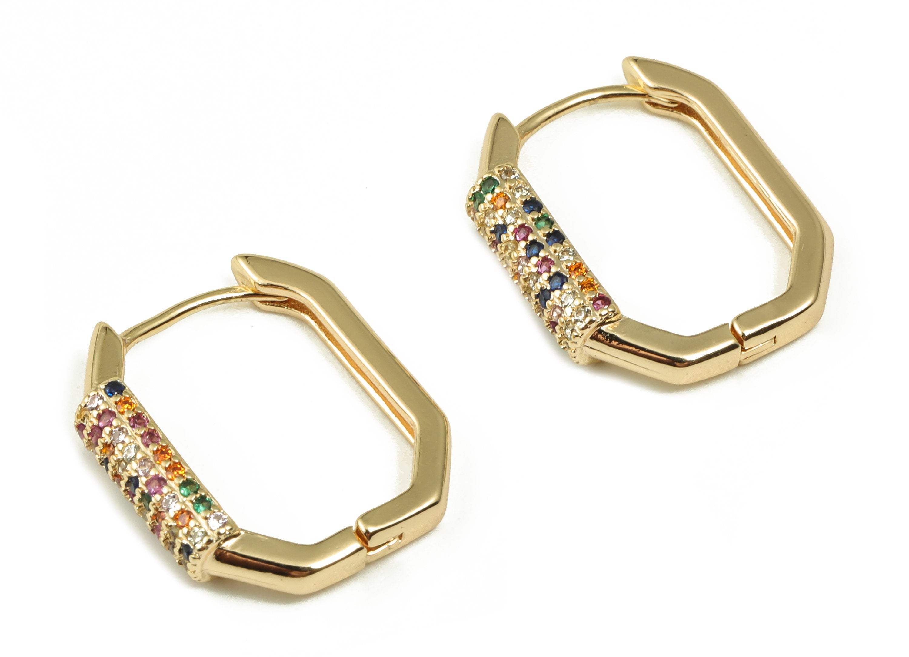 Square Hoop Earrings - Huggie Hoop Earrings with Multicolored Zircons - Dainty Hoop Earrings - Gold Plated Brass -19.53x15.38x2.9mm- RGP3977 - DOMEDBAZAAR