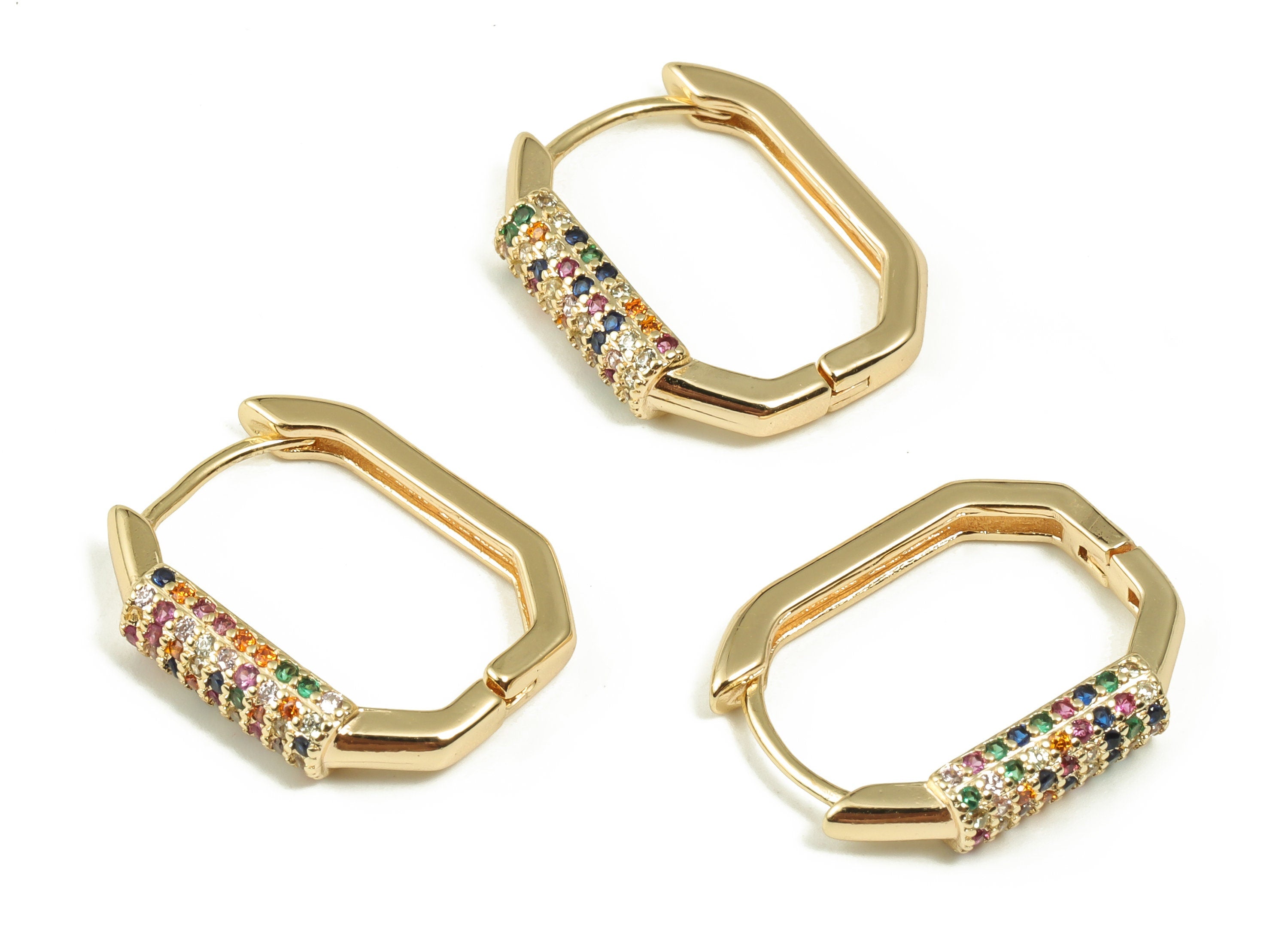 Square Hoop Earrings - Huggie Hoop Earrings with Multicolored Zircons - Dainty Hoop Earrings - Gold Plated Brass -19.53x15.38x2.9mm- RGP3977 - DOMEDBAZAAR