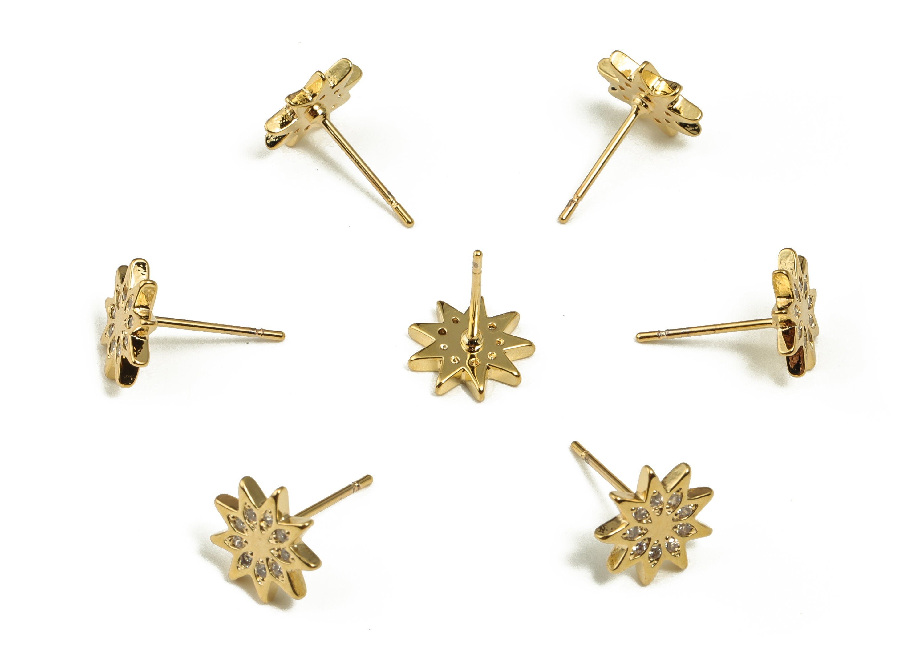 Brass Flower Earring Stud With Zircons - Gold Flower Post - Stainless Steel Stud - 18K Real Gold Plated Brass – 9.27x9.22x1.36mm - RGP3657 - DOMEDBAZAAR