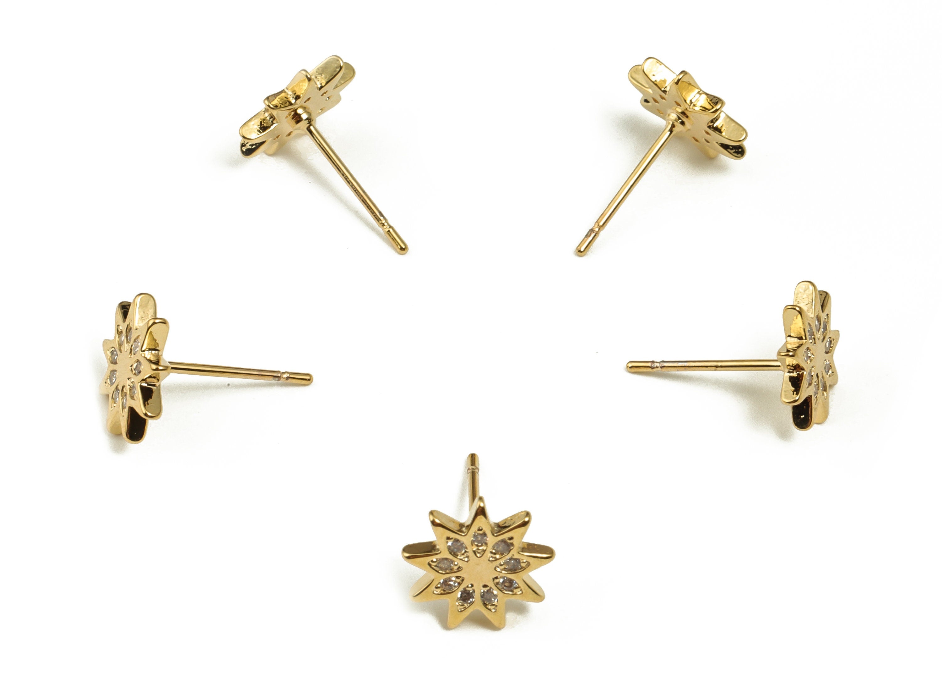 Brass Flower Earring Stud With Zircons - Gold Flower Post - Stainless Steel Stud - 18K Real Gold Plated Brass – 9.27x9.22x1.36mm - RGP3657 - DOMEDBAZAAR