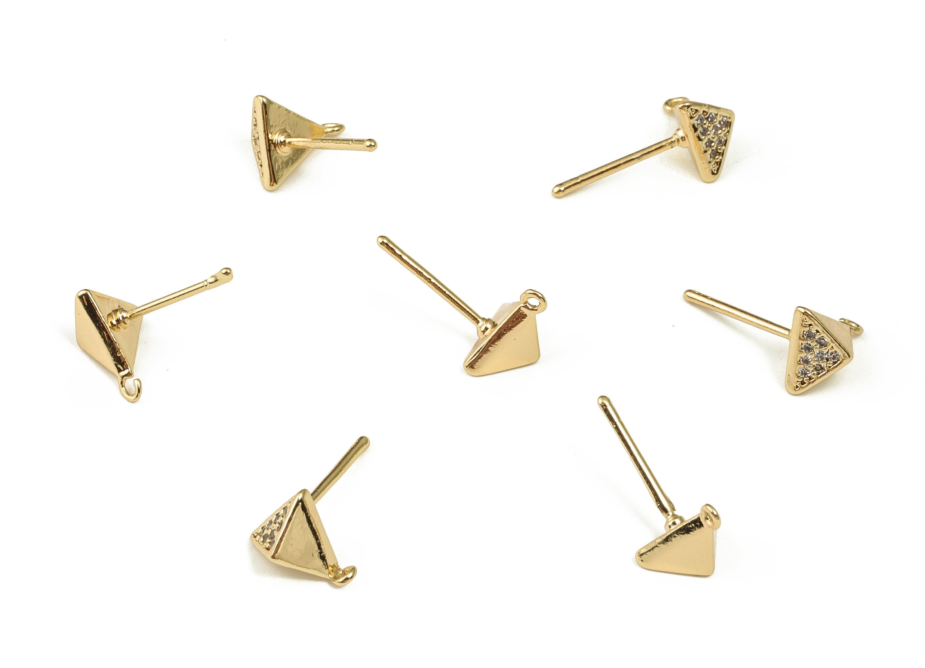 Brass Triangle Earring Post With Zircons - Gold Triangle Earring Stud - 18K Real Gold Plated Brass - Brass Stud - 8.64x7.5x4.96mm - RGP3651 - DOMEDBAZAAR