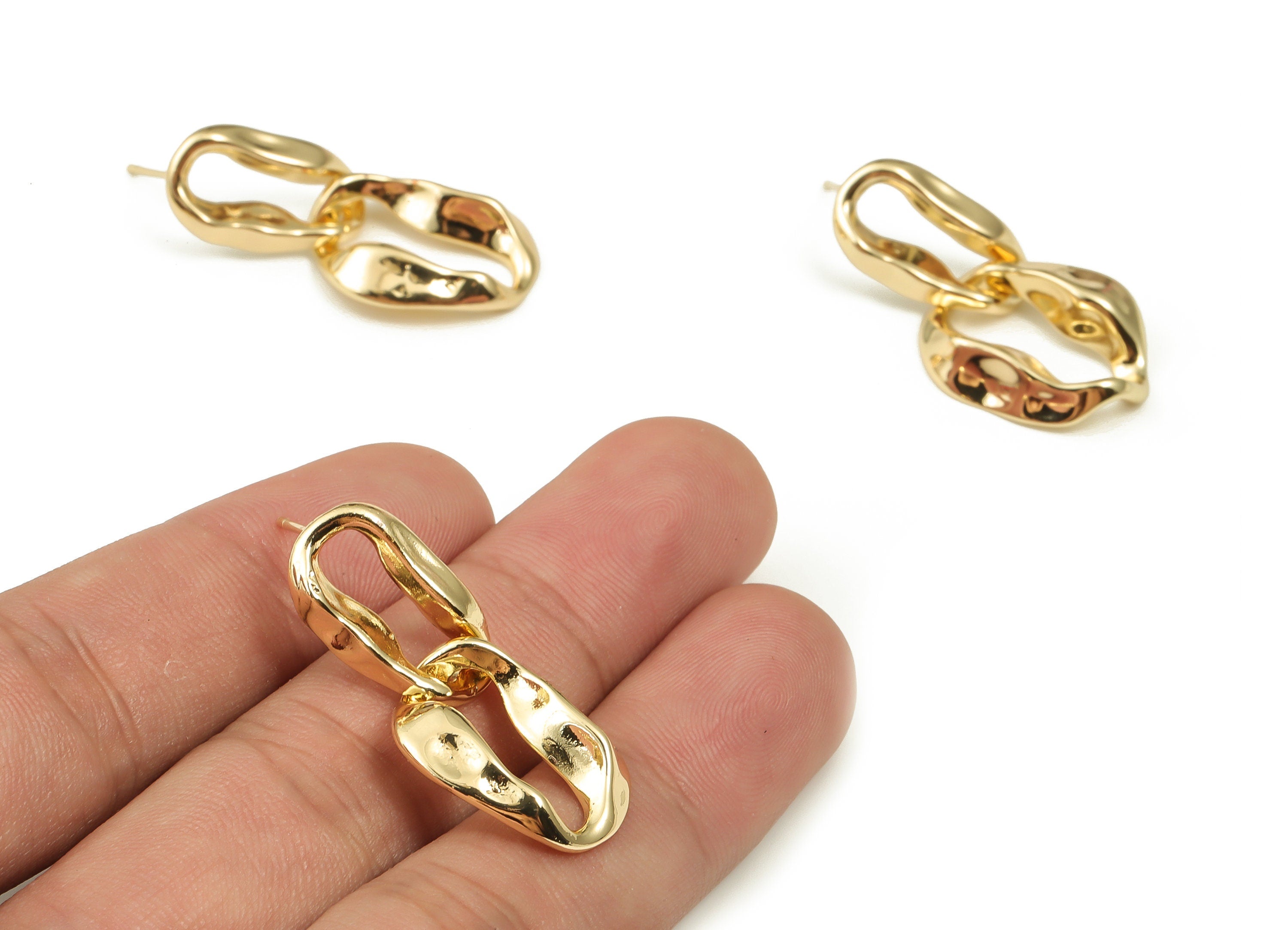 Brass Hammered Oval Earring - Gold Oval Earring Stud - 18K Real Gold Plated Brass Earring - Stainless Steel Stud -35.54x16.25x4.44mm-RGP3981 - DOMEDBAZAAR