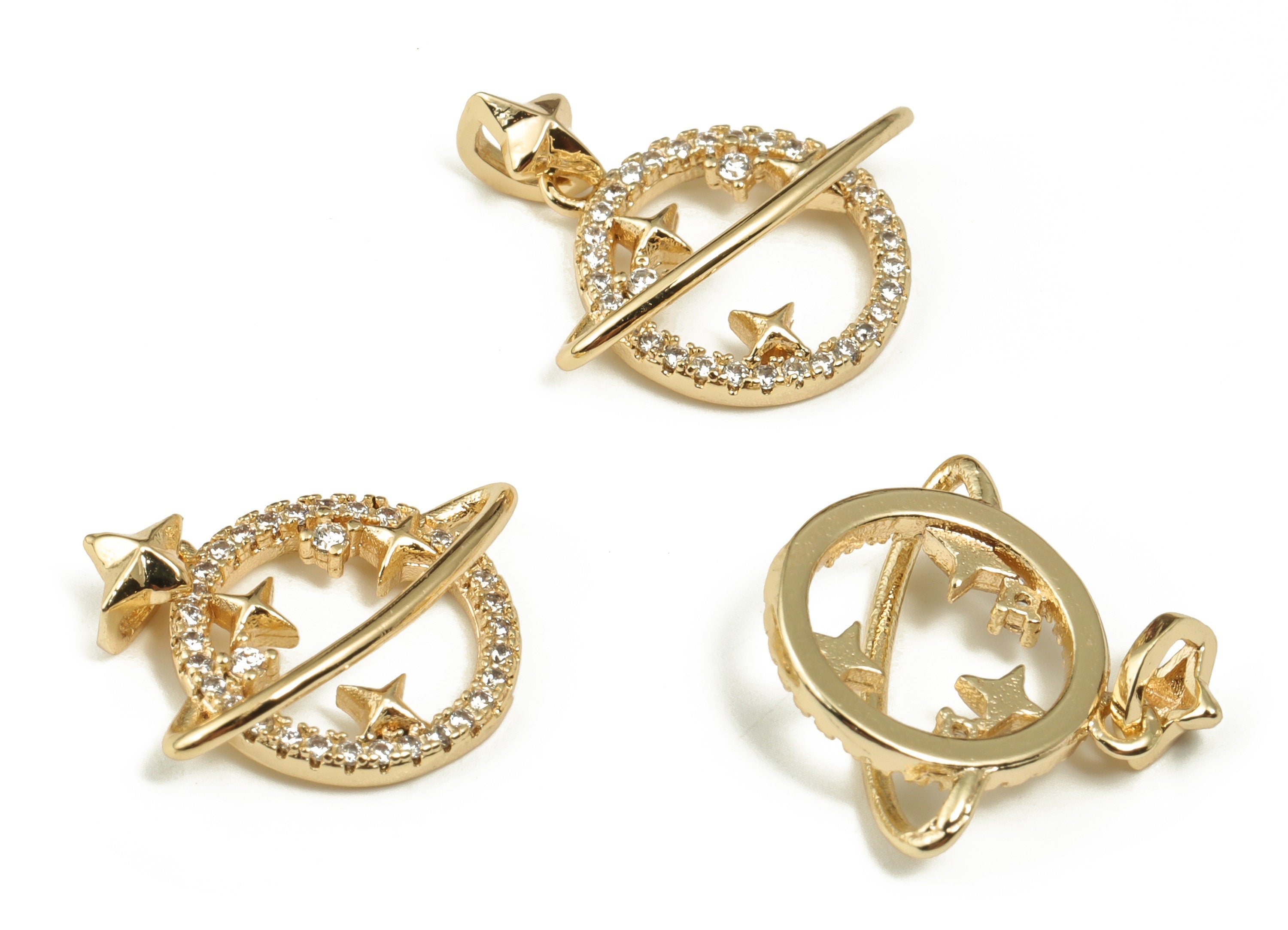 Brass Saturn Earring Charm - CZ Paved Gold Saturn Charms - 18K Real Gold Plated Brass - Jewelry Making Supplies -16.66x13.77x3.97mm- RGP3649 - DOMEDBAZAAR