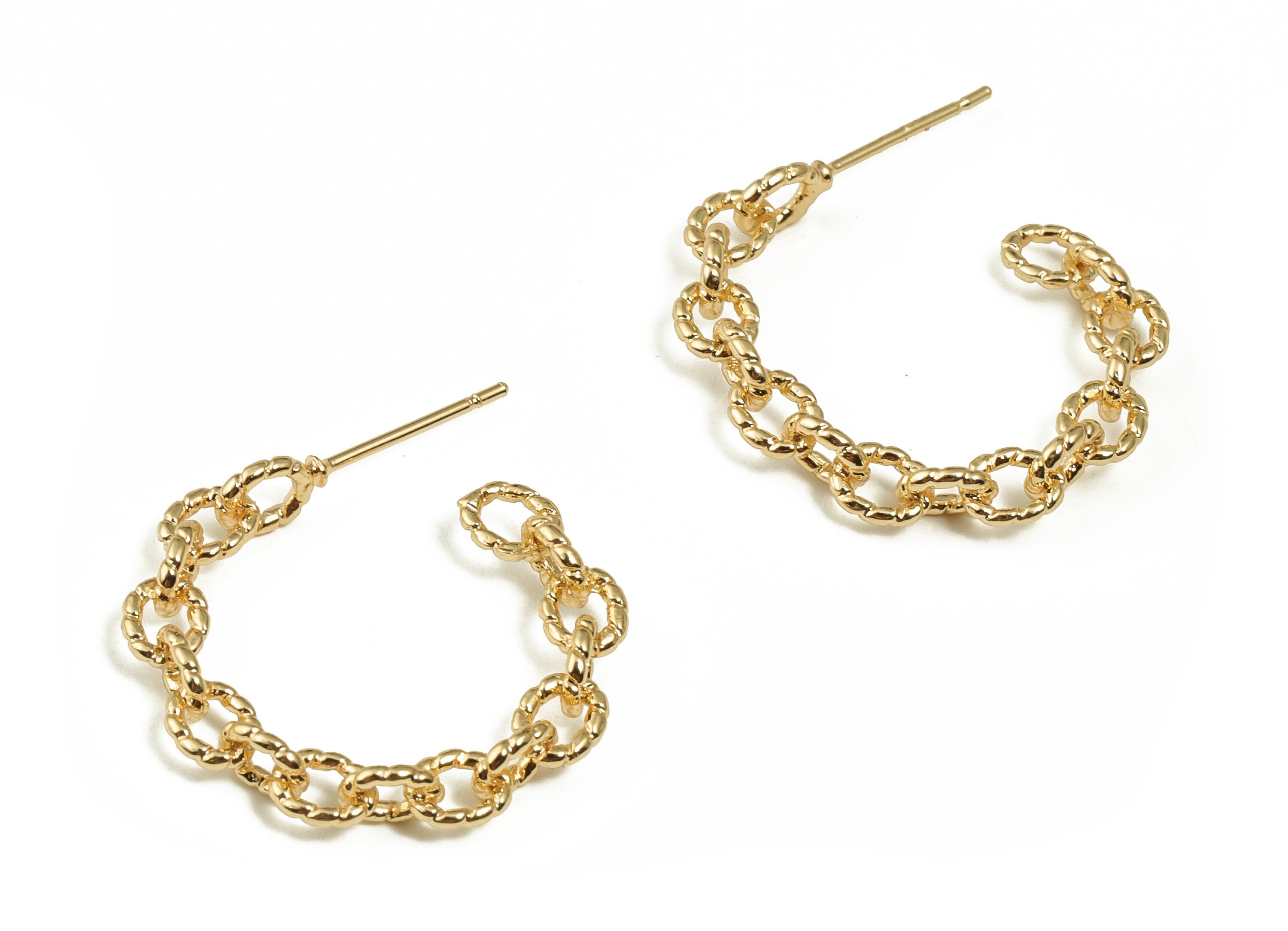 Brass Cable Chain C Earring Stud - Gold C Earring Post  - Stainless Steel Stud - 18K Real Gold Plated Brass - 23.09x22.53x4.38mm - RGP3992 - DOMEDBAZAAR