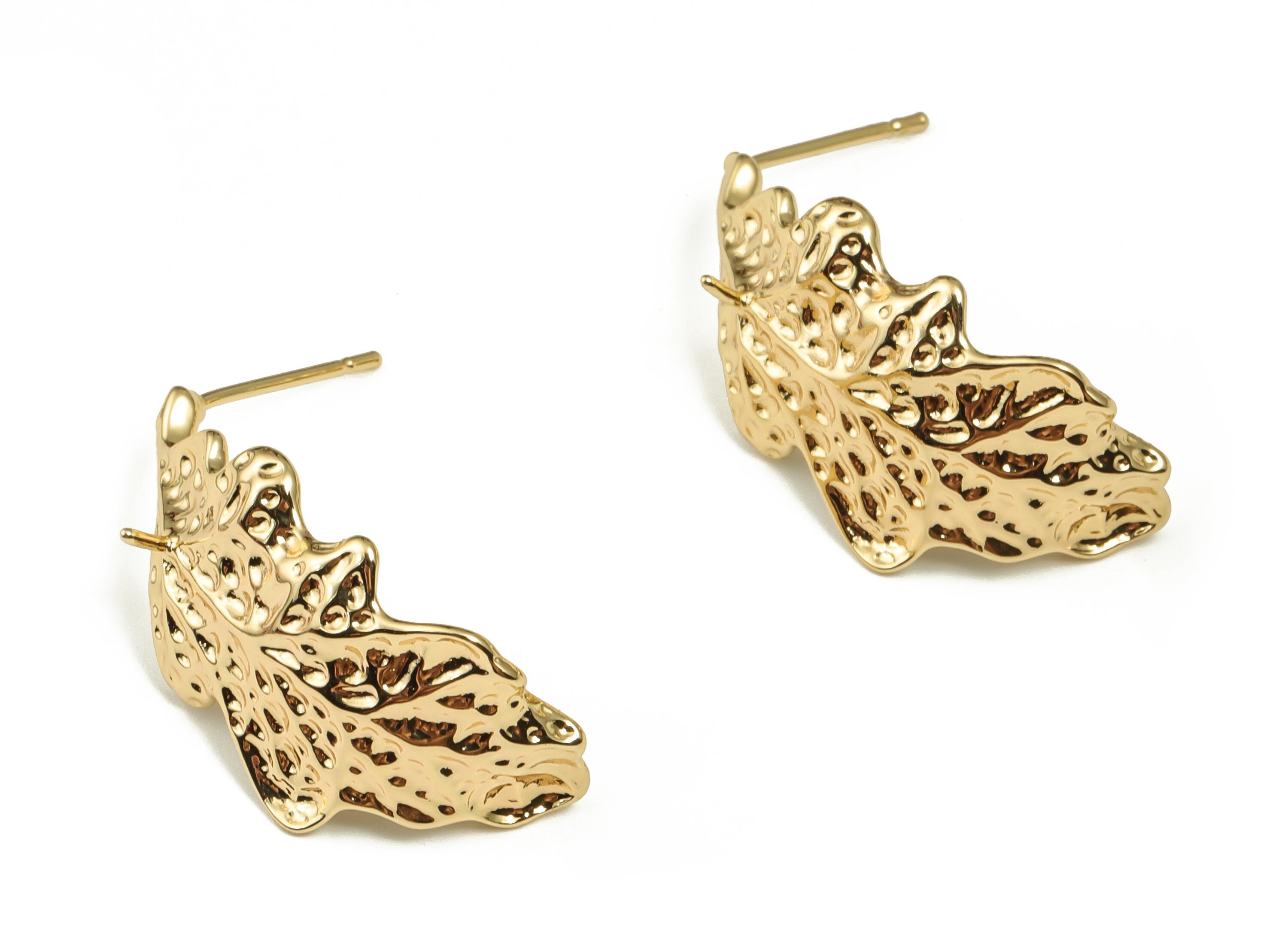 Brass Leaves Earring Post - Gold Leaves Earring Stud - 18K Real Gold Plated Brass - Stainless Steel Stud - 28.92x14.61x1.84mm - RGP3983 - DOMEDBAZAAR