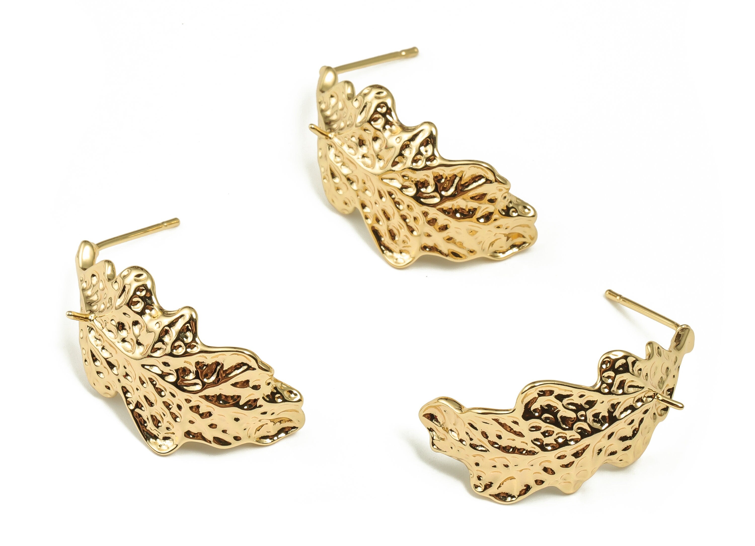 Brass Leaves Earring Post - Gold Leaves Earring Stud - 18K Real Gold Plated Brass - Stainless Steel Stud - 28.92x14.61x1.84mm - RGP3983 - DOMEDBAZAAR