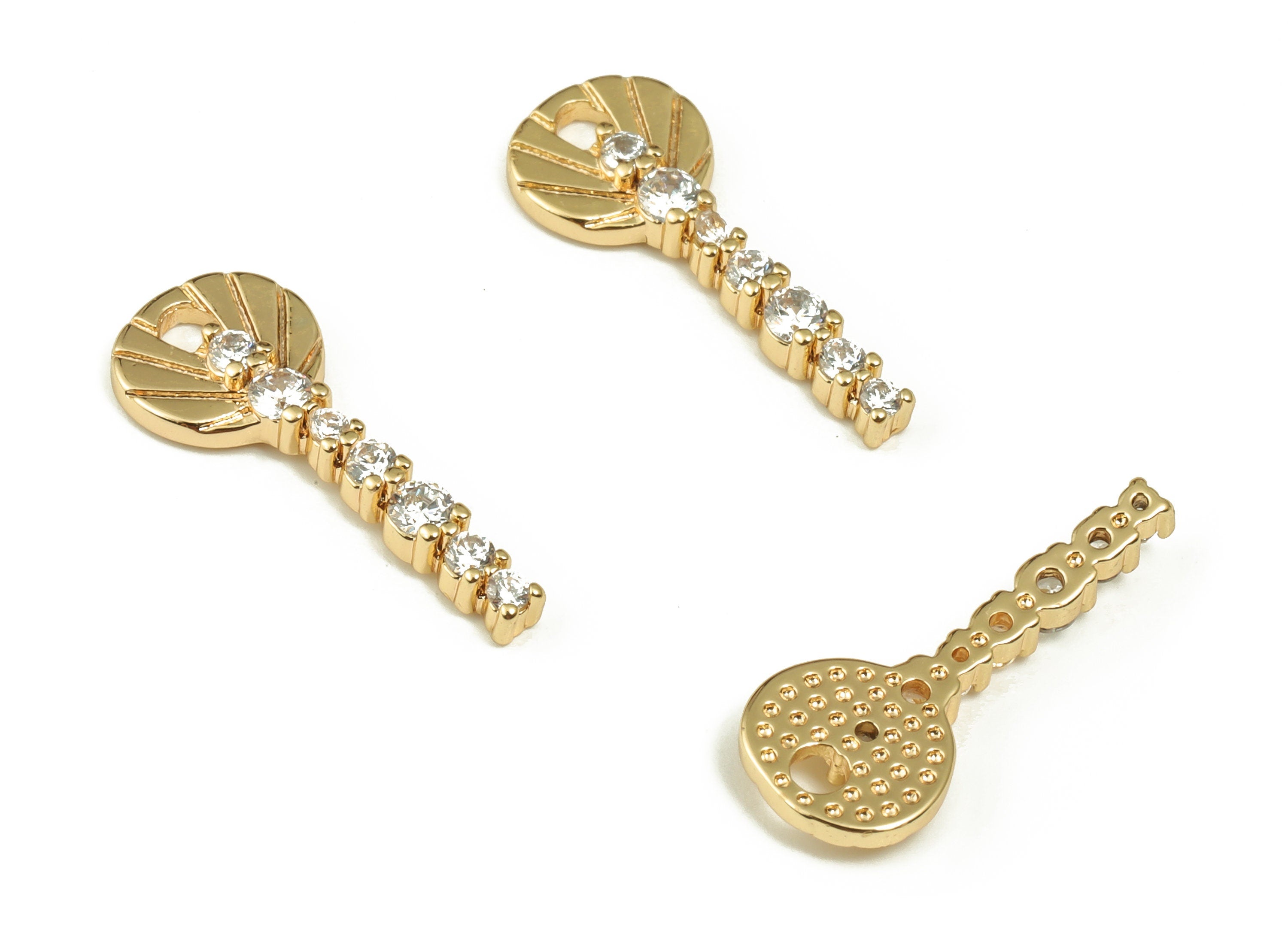 Brass key Earring Charms With Zircons - Gold key Pendant - 18K Real Gold Plated Brass - Jewelry Making Supplies - 18.65x7.52x2.2mm - RGP3982 - DOMEDBAZAAR