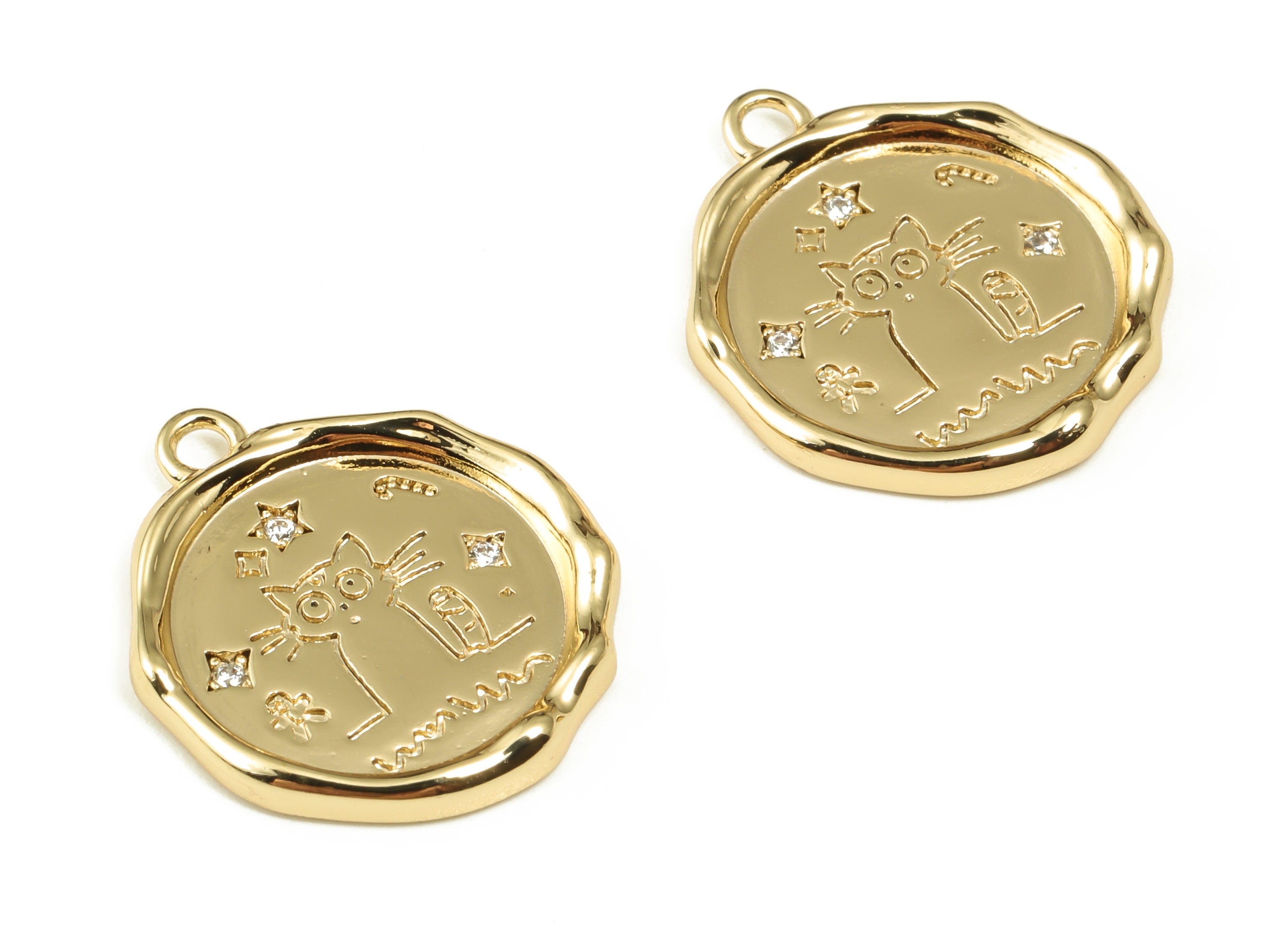 Brass Round Earring Charms With Zircons - Gold Cat Pendant - 18K Real Gold Plated Brass - Jewelry Making Supplies - 17.37x15.1x2mm - RGP3984 - DOMEDBAZAAR
