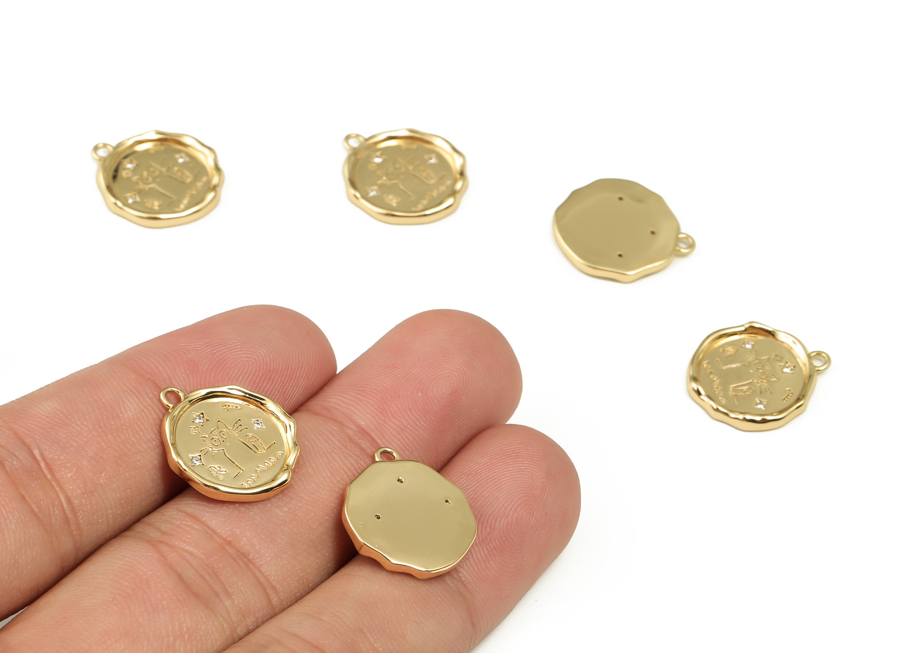 Brass Round Earring Charms With Zircons - Gold Cat Pendant - 18K Real Gold Plated Brass - Jewelry Making Supplies - 17.37x15.1x2mm - RGP3984 - DOMEDBAZAAR