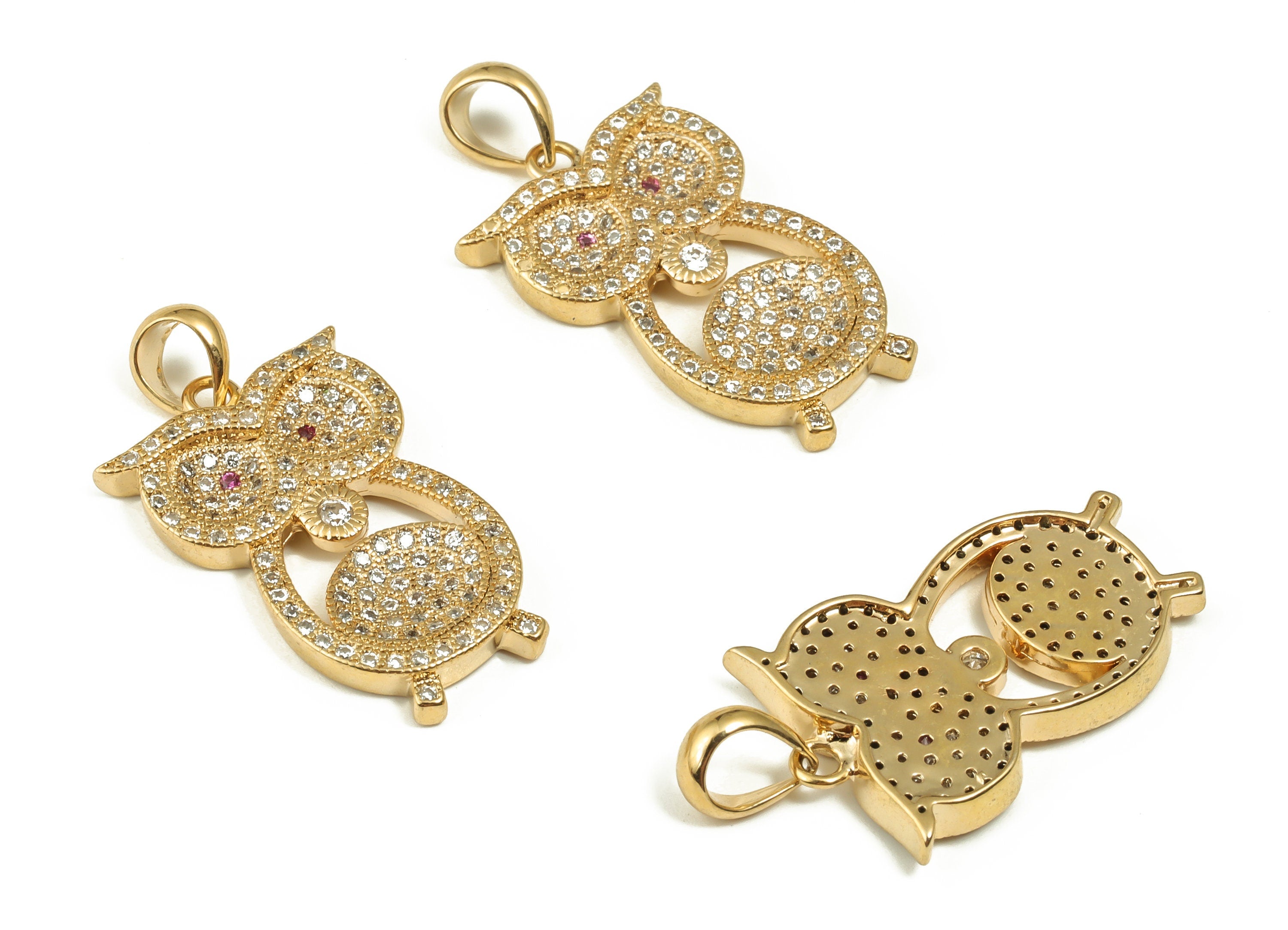 Brass Owl Earring Charms With Zircons - Gold Animal Pendant - 18K Real Gold Plated Brass - Jewelry Supplies - 28.7x15.23x2.53mm - RGP3989 - DOMEDBAZAAR