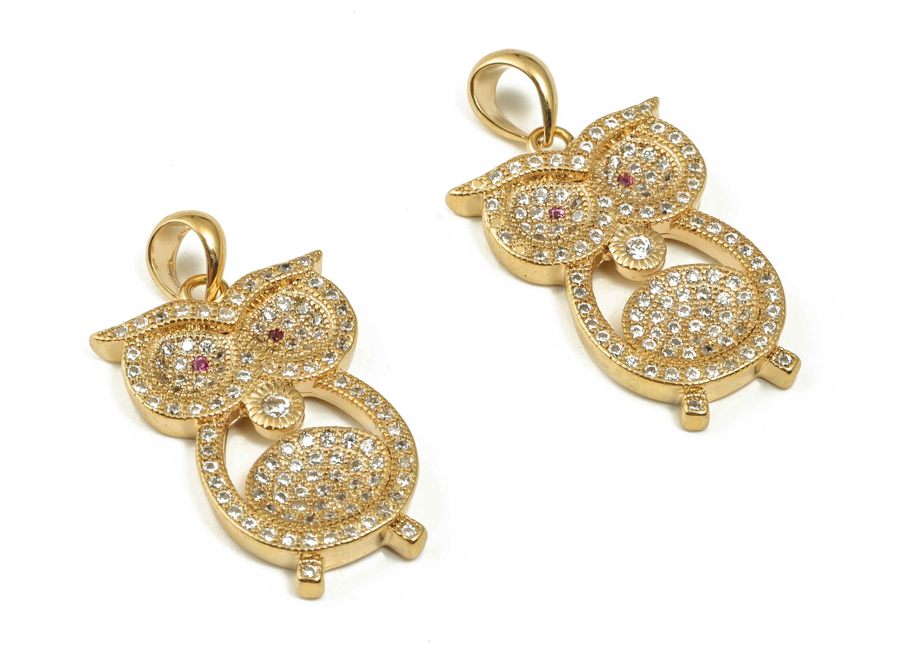Brass Owl Earring Charms With Zircons - Gold Animal Pendant - 18K Real Gold Plated Brass - Jewelry Supplies - 28.7x15.23x2.53mm - RGP3989 - DOMEDBAZAAR
