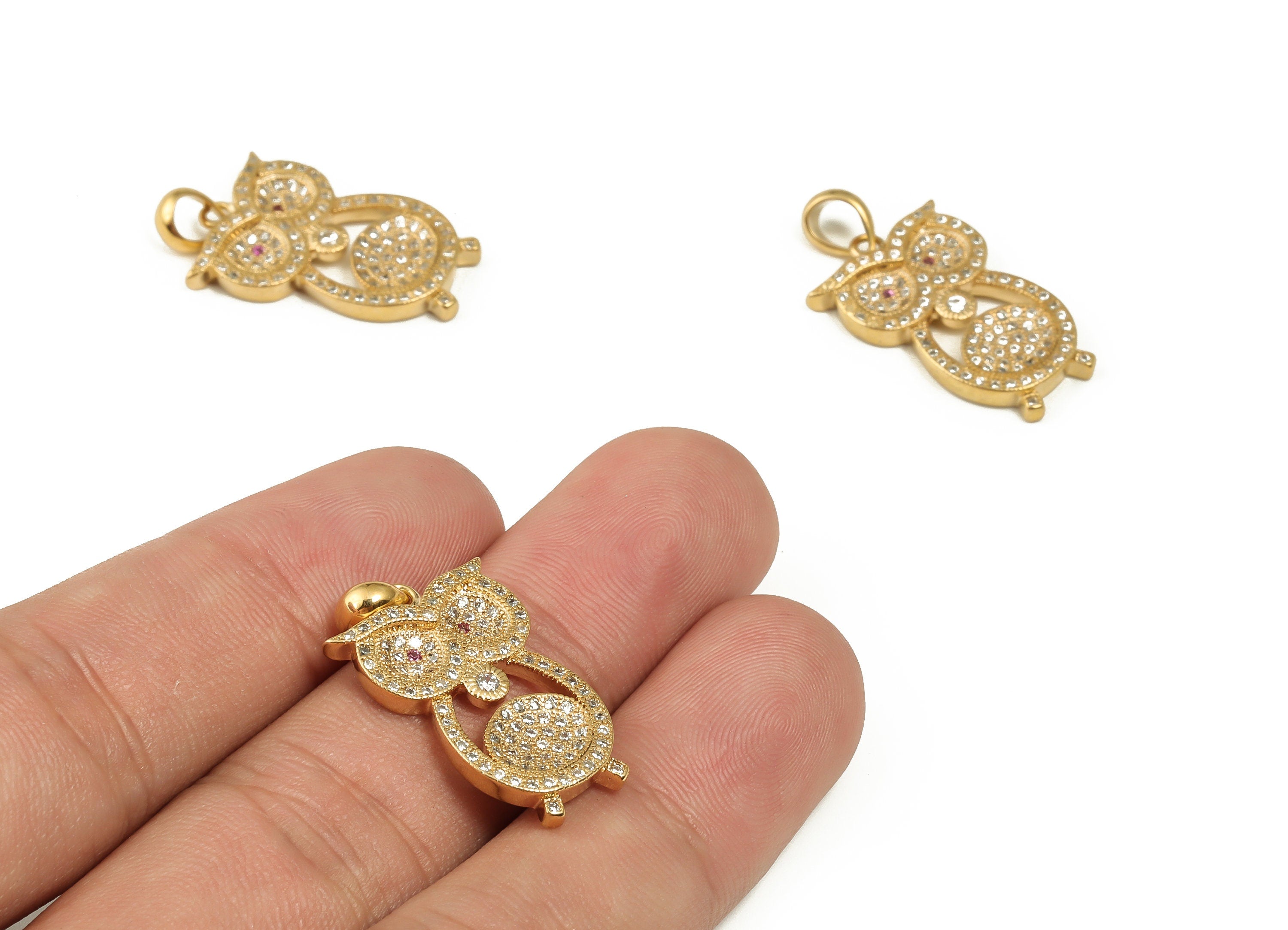 Brass Owl Earring Charms With Zircons - Gold Animal Pendant - 18K Real Gold Plated Brass - Jewelry Supplies - 28.7x15.23x2.53mm - RGP3989 - DOMEDBAZAAR