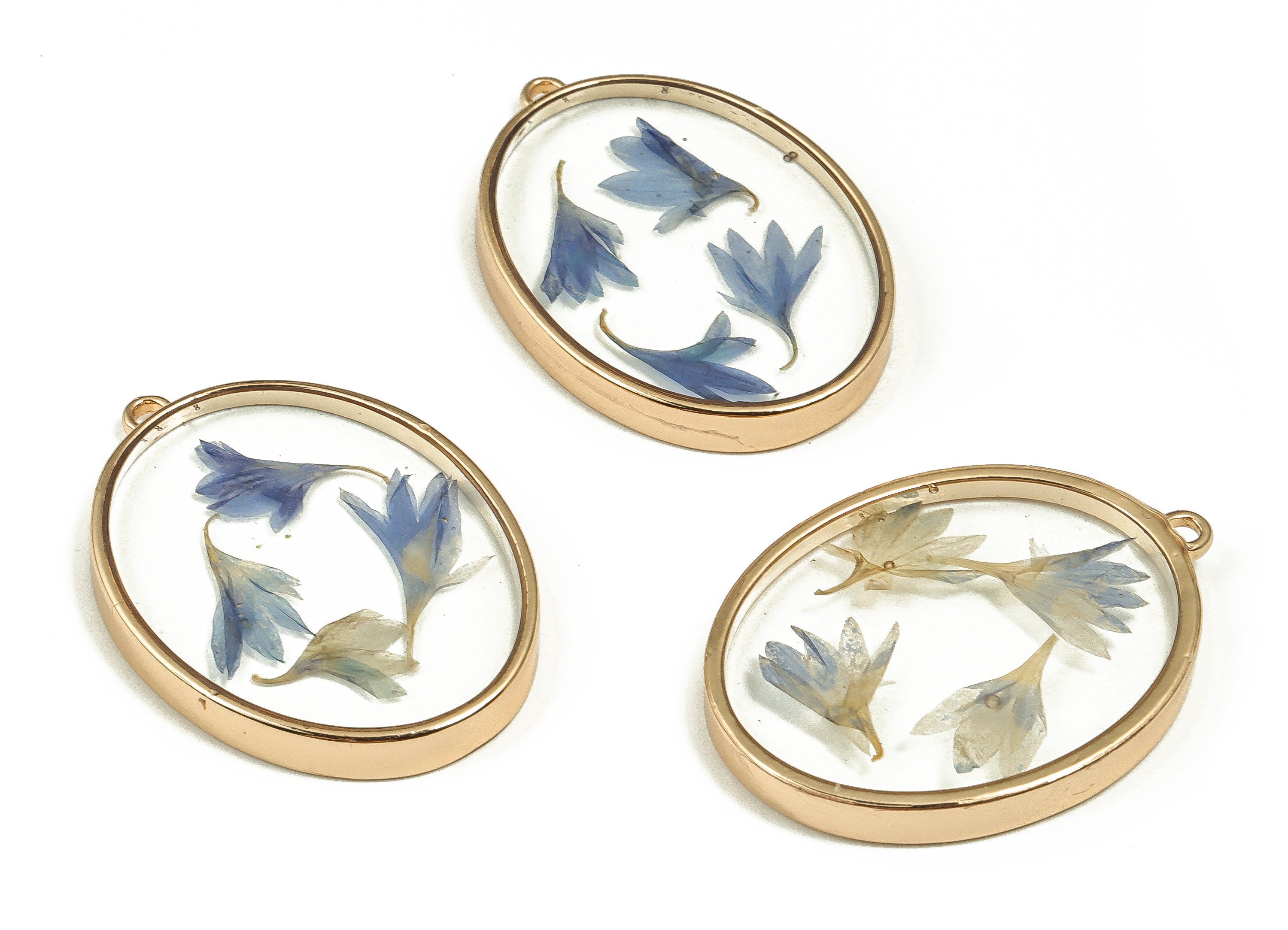 Epoxy Resin Oval Real Flower Earring Charms - Epoxy Resin Cornflower Pendant - Gold Tone Plated Alloy - 41.08x30.04x4.6mm - ZZ1872 - DOMEDBAZAAR