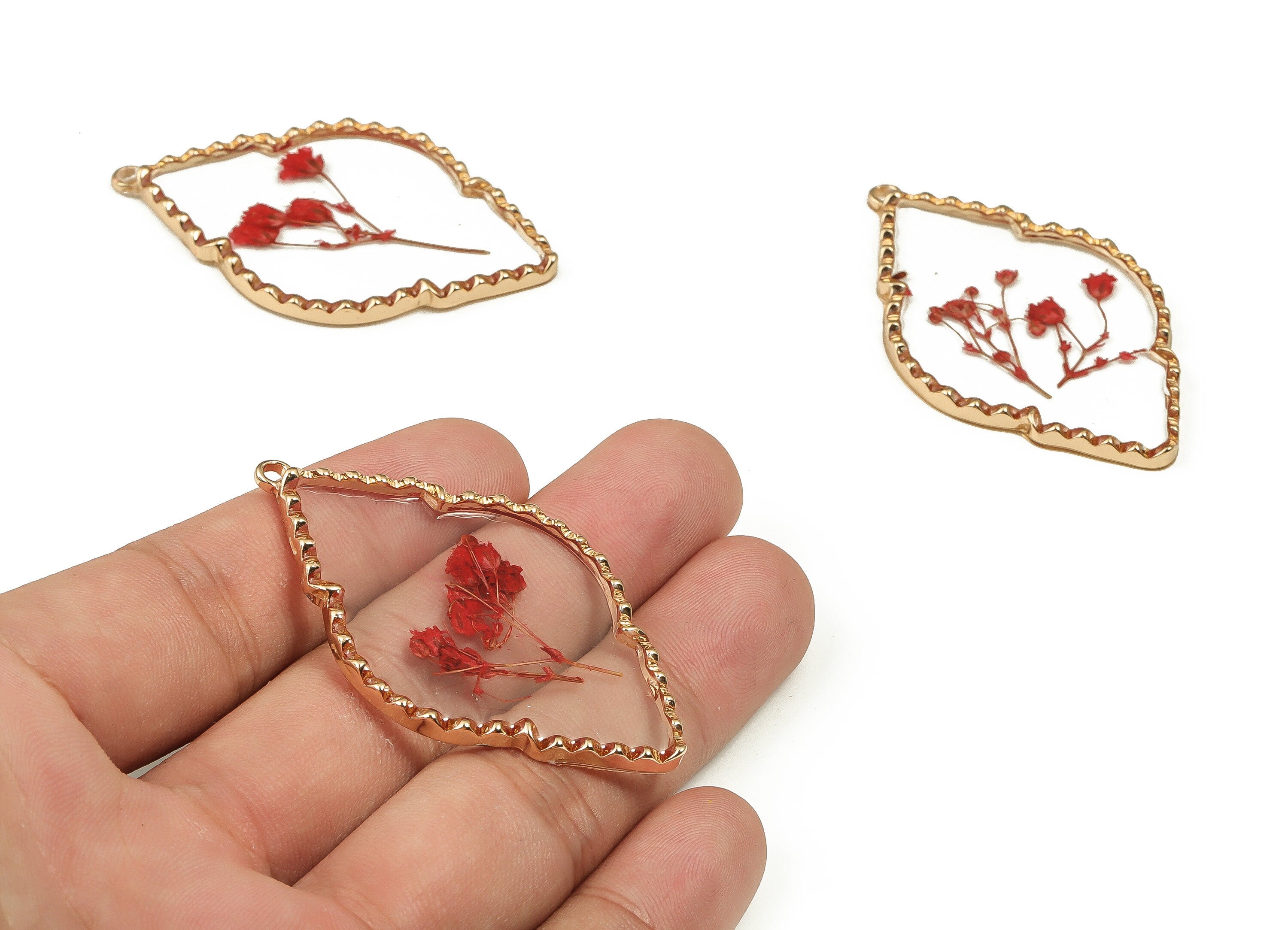 Epoxy Resin Diamond Real Flower Earring Charms - Epoxy Resin Babysbreath Pendant - Gold Tone Plated Alloy - 54.83x33.16x2.88mm - ZZ1889 - DOMEDBAZAAR