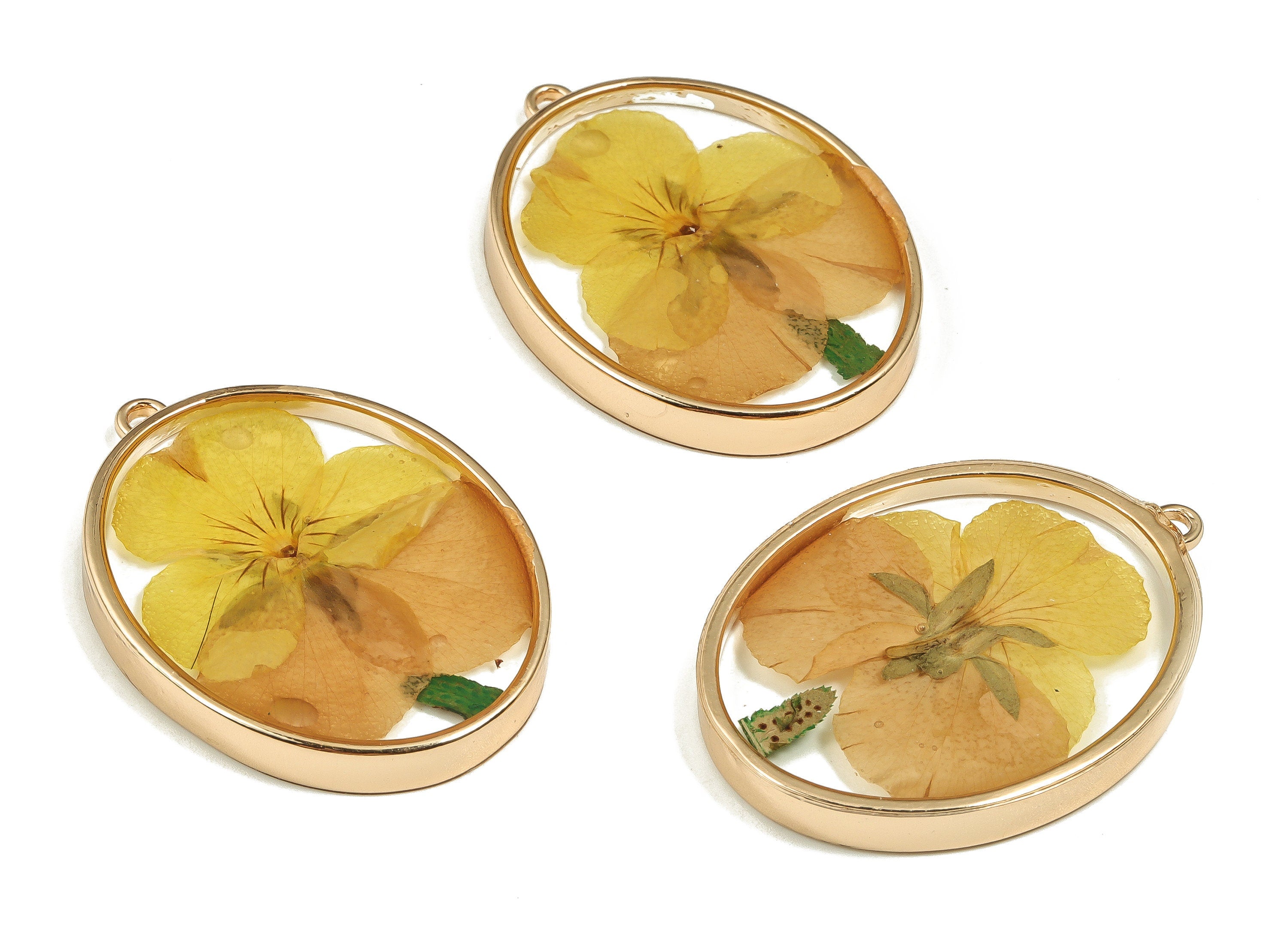 Epoxy Resin Oval Real Flower Earring Charms - Epoxy Resin Pansy Pendant - Gold Tone Plated Alloy - 41.22x30.06x5.81mm - ZZ1856 - DOMEDBAZAAR