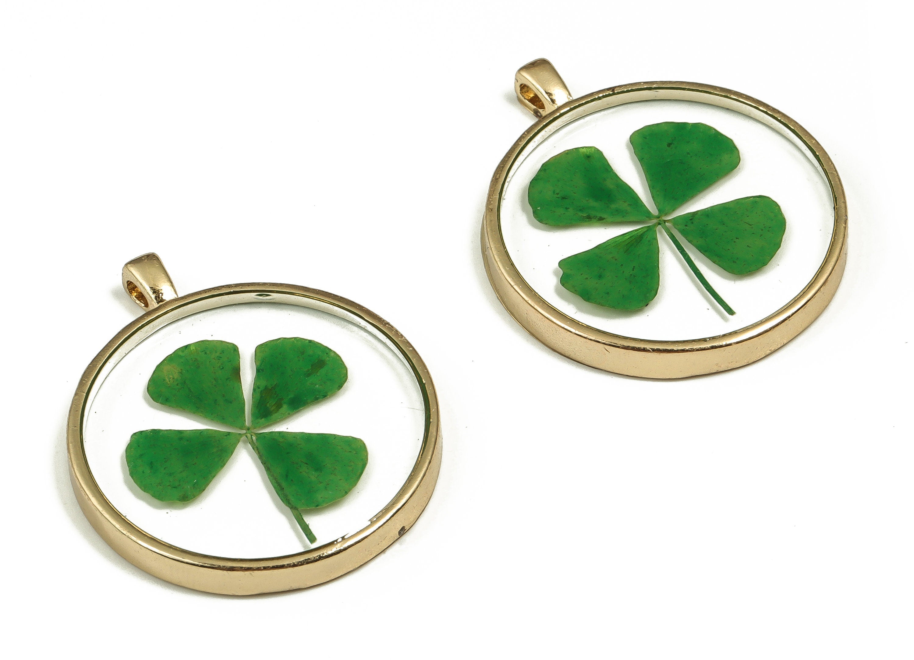Epoxy Resin Round Real Flower Earring Charms - Epoxy Resin 4 Clover Pendant - Gold Tone Plated Alloy - 34.64x28.98x4.5mm - ZZ1829 - DOMEDBAZAAR