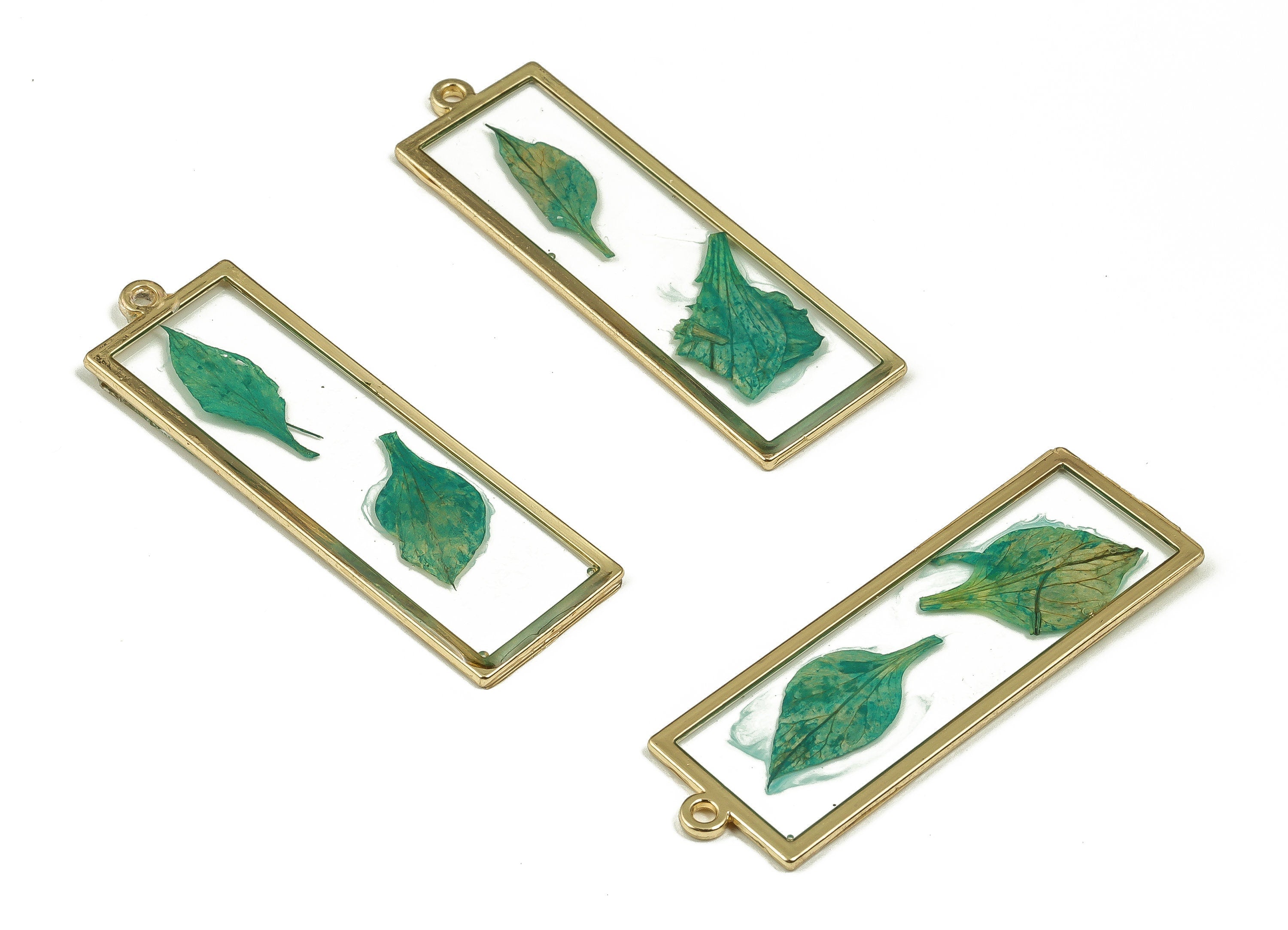 Epoxy Resin Rectangle Real Flower Earring Charms - Epoxy Resin Flat Head Seal Pendant - Gold Tone Plated Alloy - 44.92x14.72x1.57mm - ZZ1855 - DOMEDBAZAAR