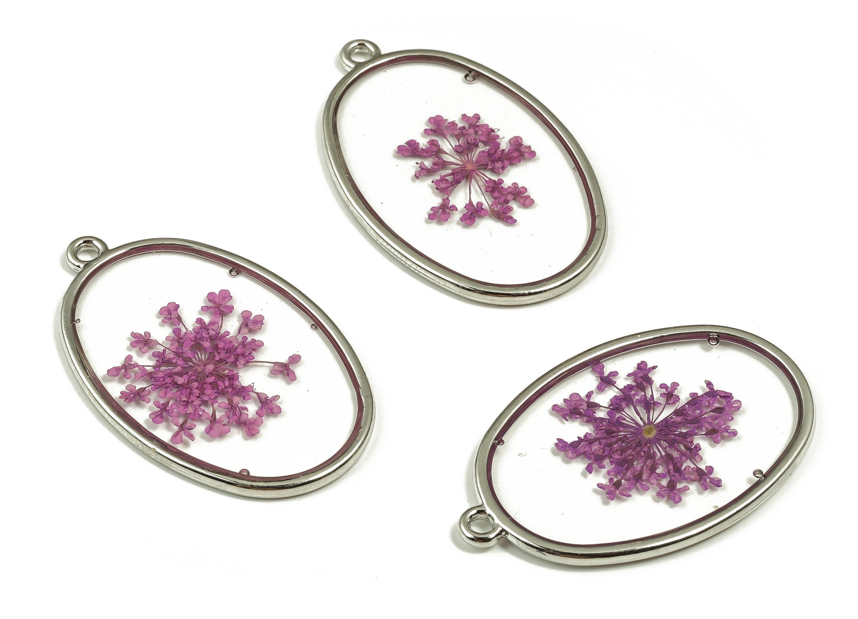 Epoxy Resin Oval Real Flower Earring Charms - Epoxy Resin Lace Flower Pendant - White Gold Tone Plated Alloy - 34.83x21.95x2.37mm - ZZ1843 - DOMEDBAZAAR