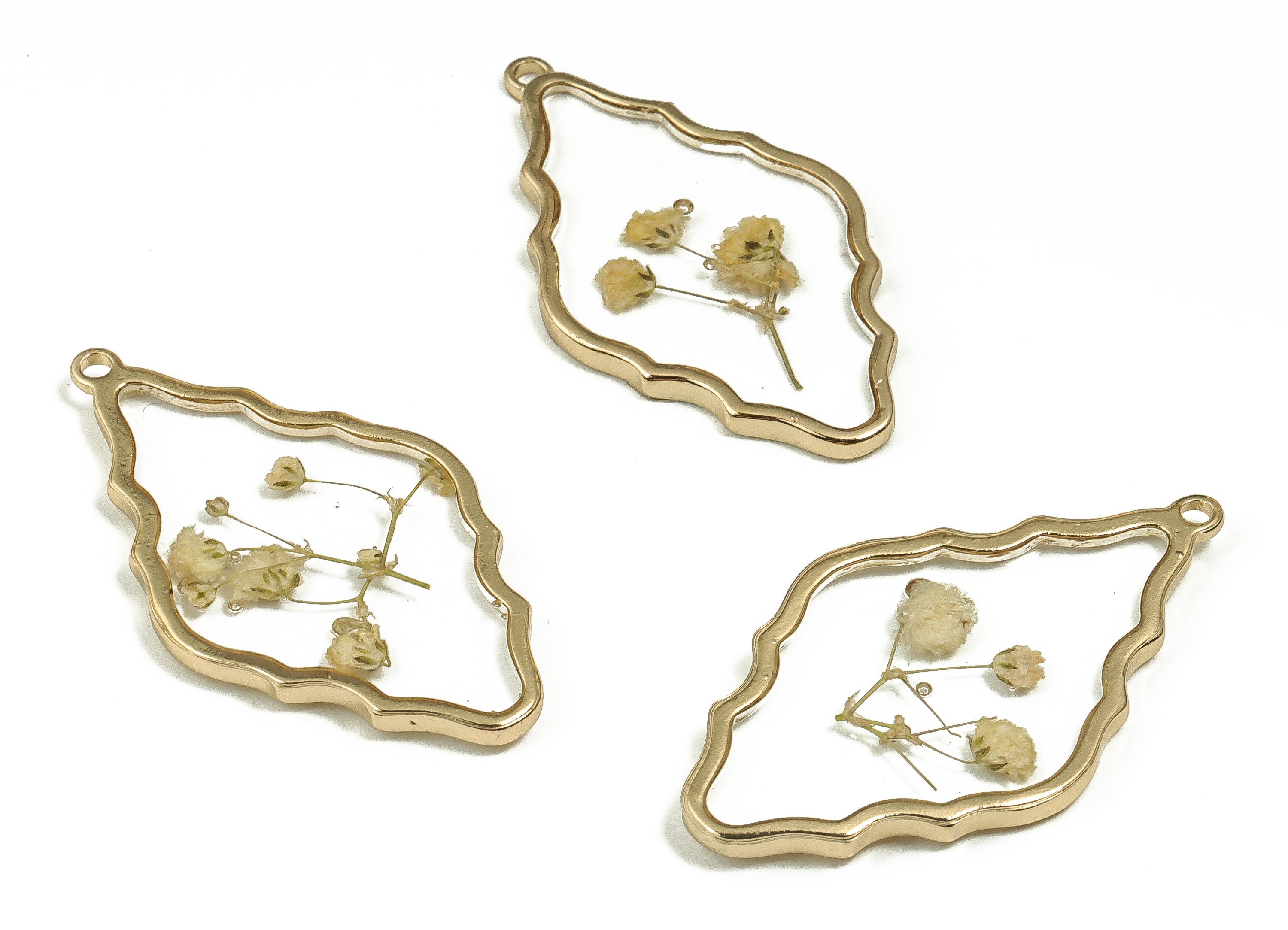 Epoxy Resin Diamond Real Flower Earring Charms - Epoxy Resin Babysbreath Pendant - Gold Tone Plated Alloy - 51.18x28.49x2.84mm - ZZ1893 - DOMEDBAZAAR