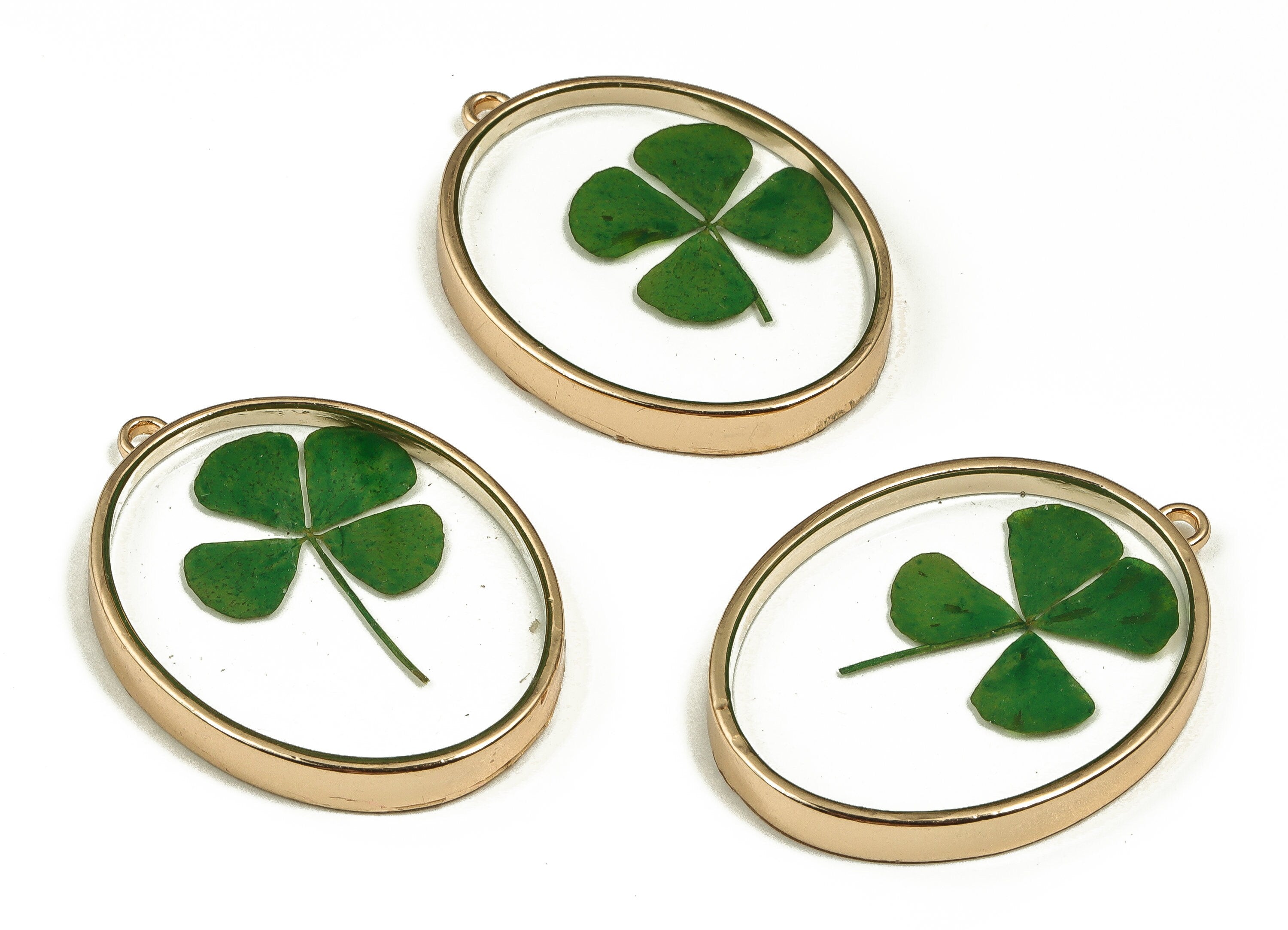 Epoxy Resin Oval Real Flower Earring Charms - Epoxy Resin 4Clover Pendant - Gold Tone Plated Alloy - 41.33x30.11x4.4mm - ZZ1858 - DOMEDBAZAAR