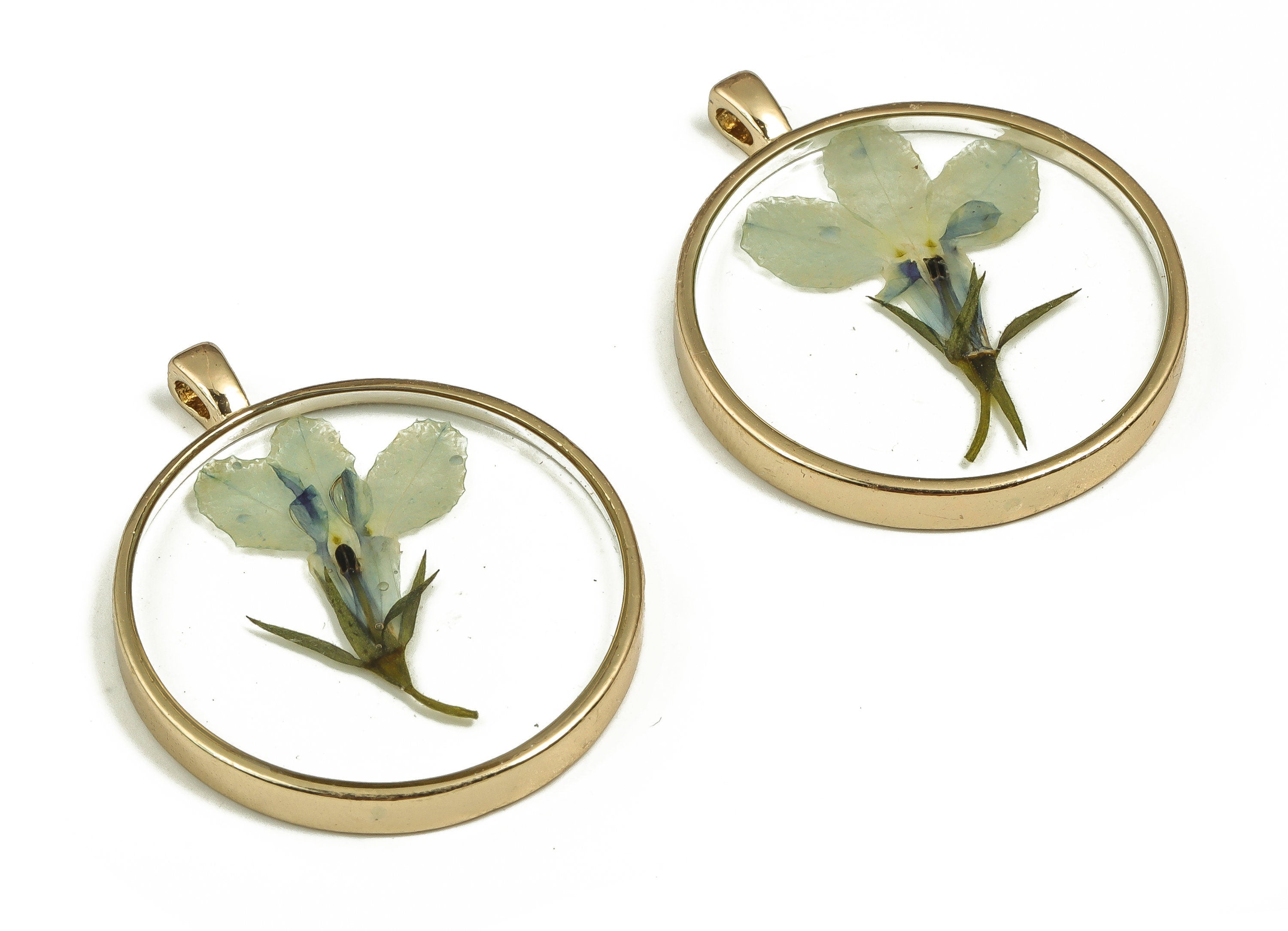 Epoxy Resin Round Real Flower Earring Charms - Epoxy Resin Garden Lobelia Pendant - Gold Tone Plated Alloy - 34.65x28.92x4.26mm - ZZ1830 - DOMEDBAZAAR