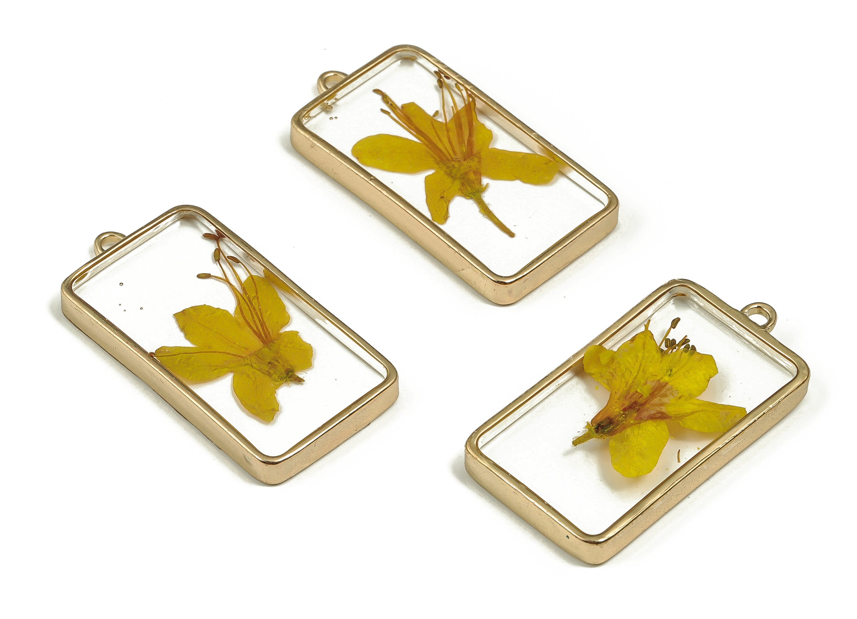 Epoxy Resin Rectangle Real Flower Earring Charms - Epoxy Resin Rhododendron Pendant - Gold Tone Plated Alloy - 40.31x20.59x4.42mm - ZZ1875 - DOMEDBAZAAR
