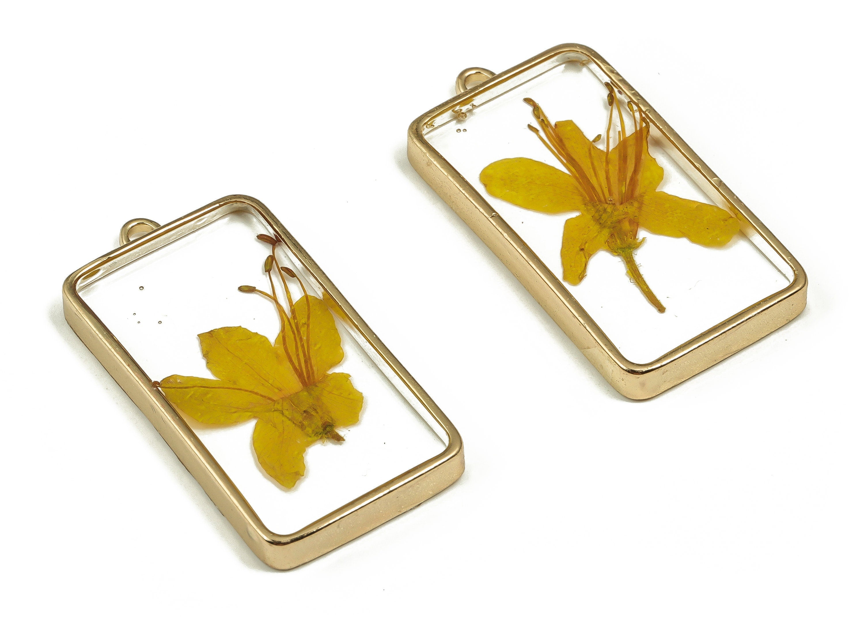 Epoxy Resin Rectangle Real Flower Earring Charms - Epoxy Resin Rhododendron Pendant - Gold Tone Plated Alloy - 40.31x20.59x4.42mm - ZZ1875 - DOMEDBAZAAR