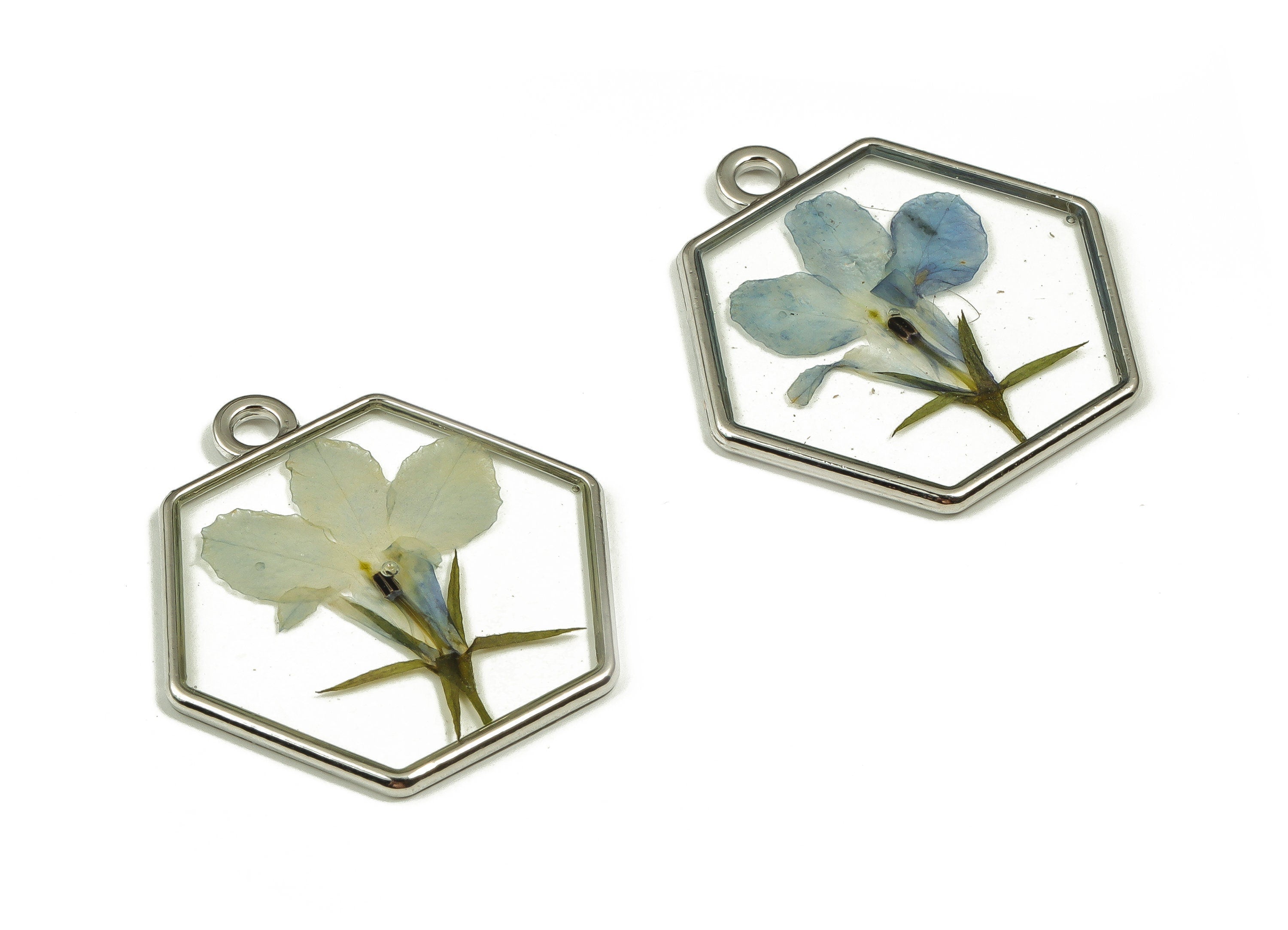 Epoxy Resin Hexagon Real Flower Earring Charms - Epoxy Resin Garden Lobelia Pendant - White Gold Tone Plated Alloy - 28.6x8x2.3mm - ZZ1828 - DOMEDBAZAAR