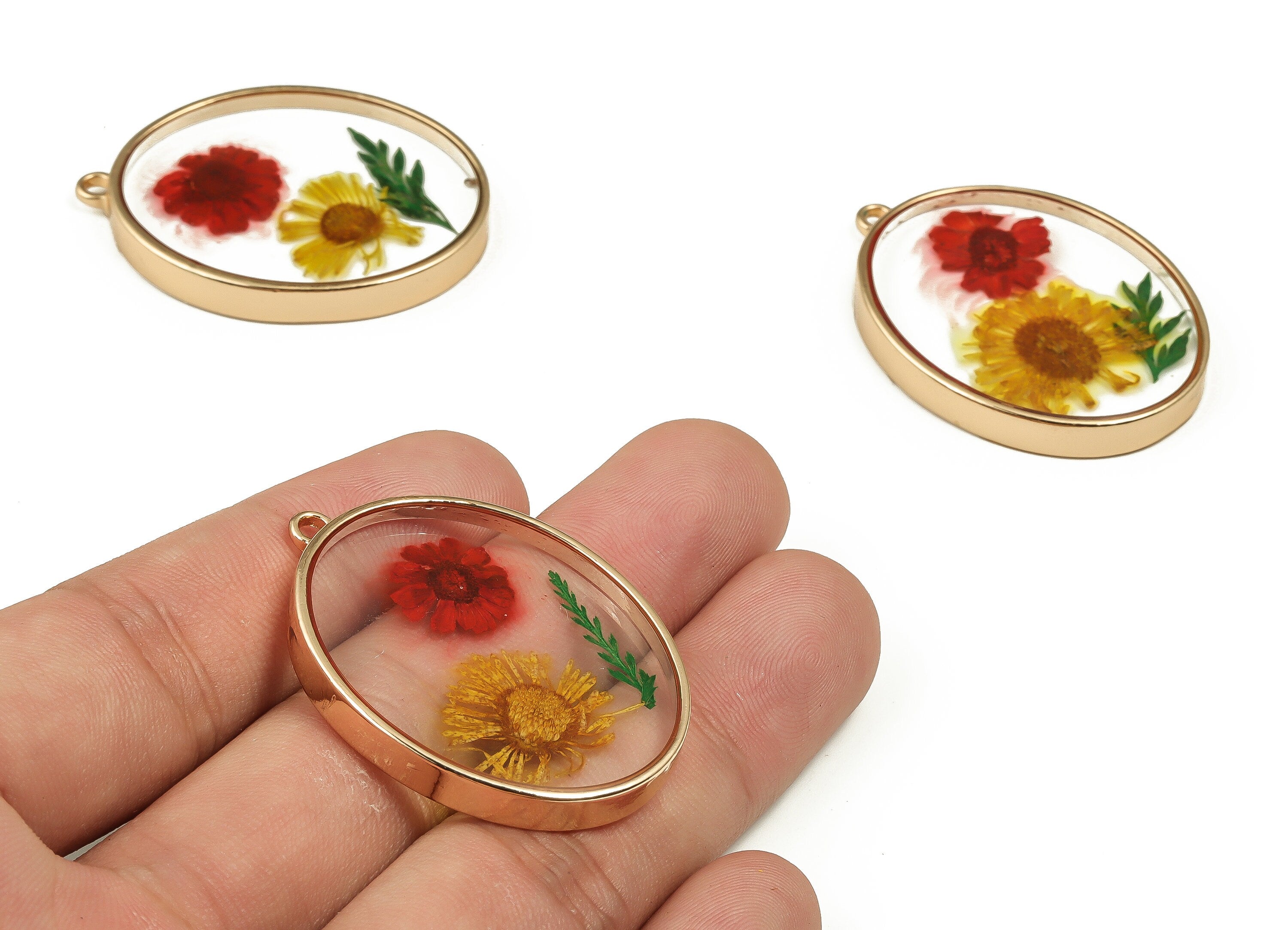 Epoxy Resin Oval Real Flower Earring Charms - Epoxy Resin Crinkle Chrysanthemum Pendant - Gold Tone Plated Alloy - 41.23x30.6x4.7mm - ZZ1885 - DOMEDBAZAAR