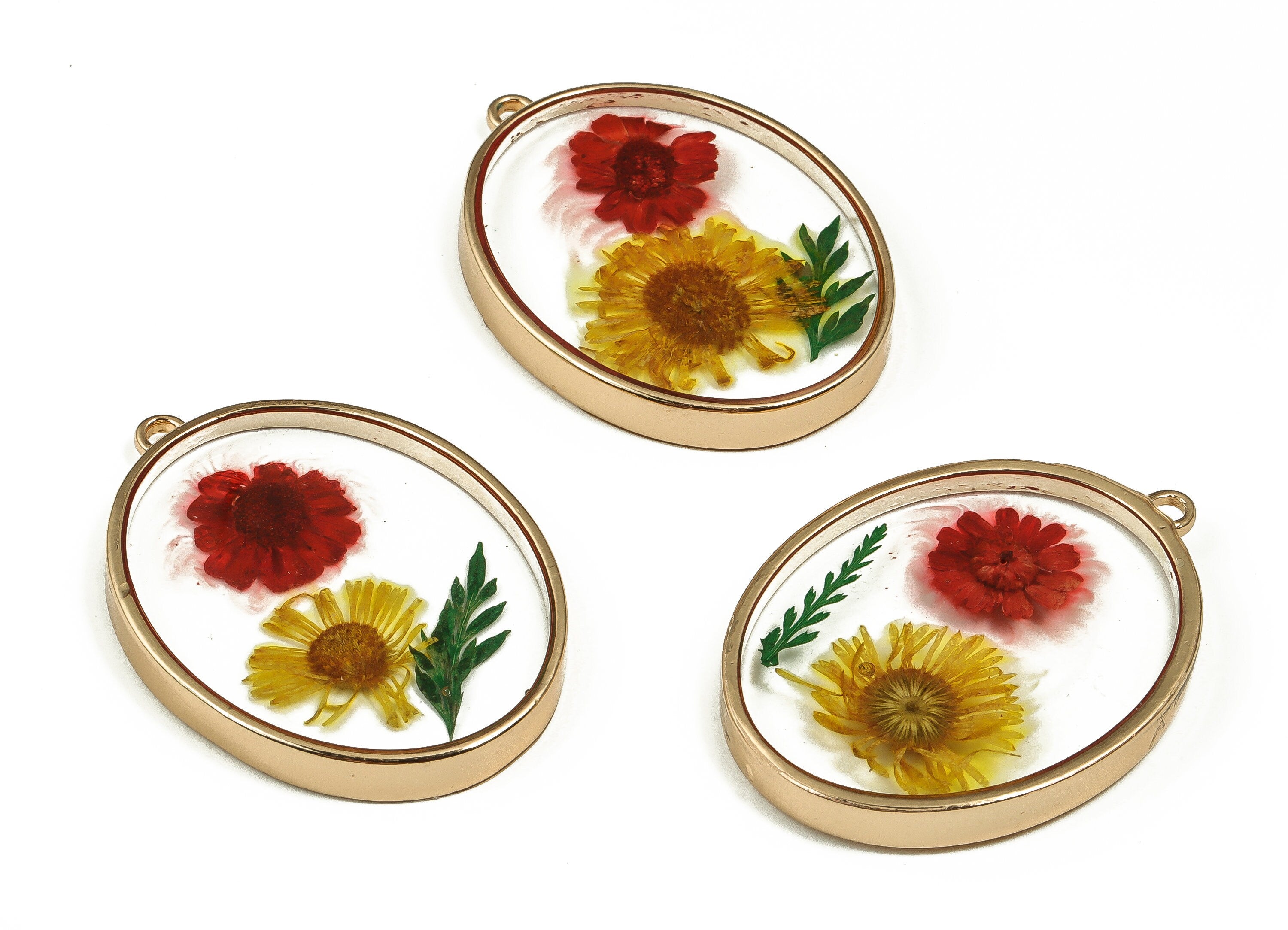 Epoxy Resin Oval Real Flower Earring Charms - Epoxy Resin Crinkle Chrysanthemum Pendant - Gold Tone Plated Alloy - 41.23x30.6x4.7mm - ZZ1885 - DOMEDBAZAAR