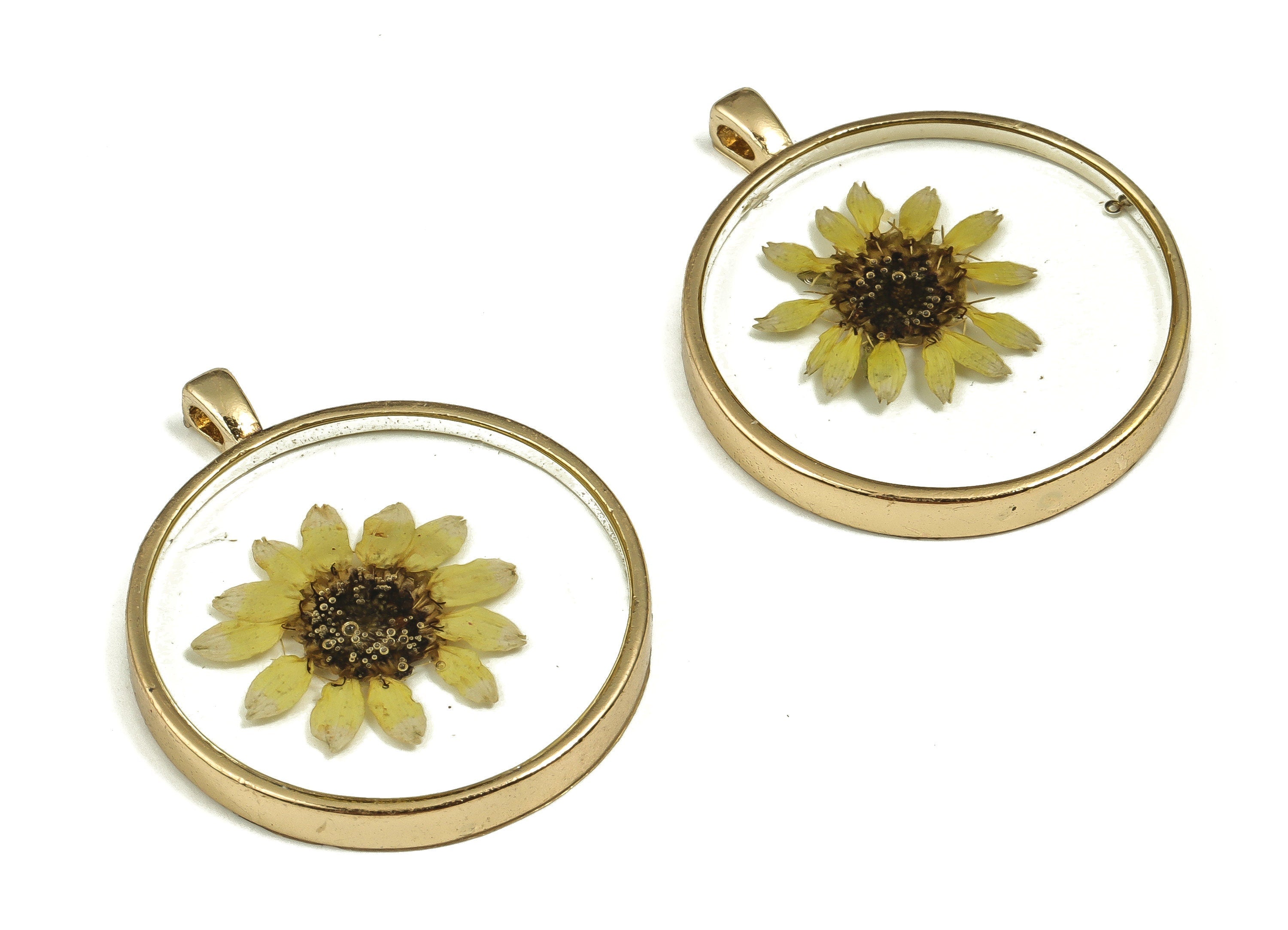 Epoxy Resin Round Real Flower Earring Charms - Epoxy Resin Sunflower Pendant - Gold Tone Plated Alloy - 35.65x29.72x3.8mm - ZZ1834 - DOMEDBAZAAR